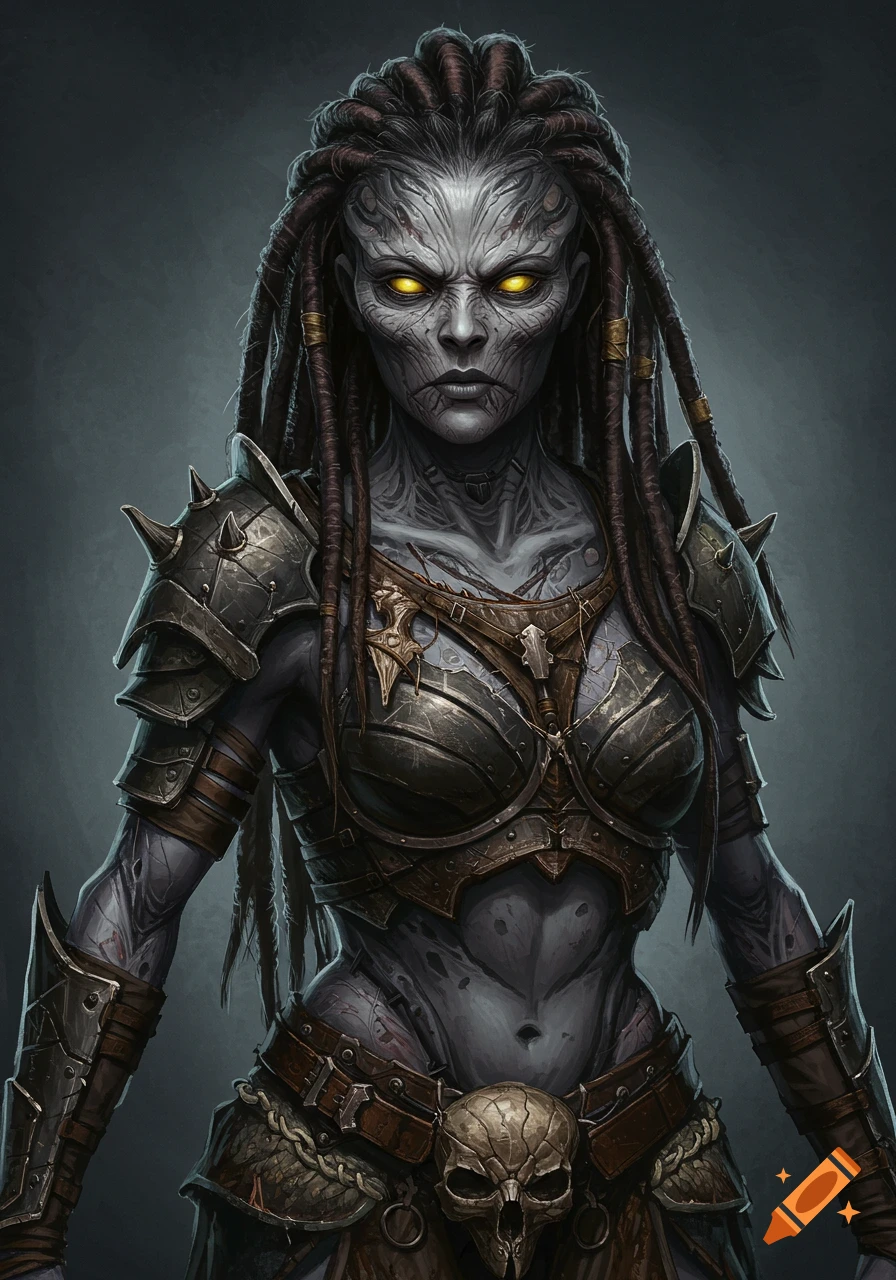 A fierce fantasy huntress with grey ridged skin, glowing yellow eyes, and dreadlocks, wearing rugged armor.