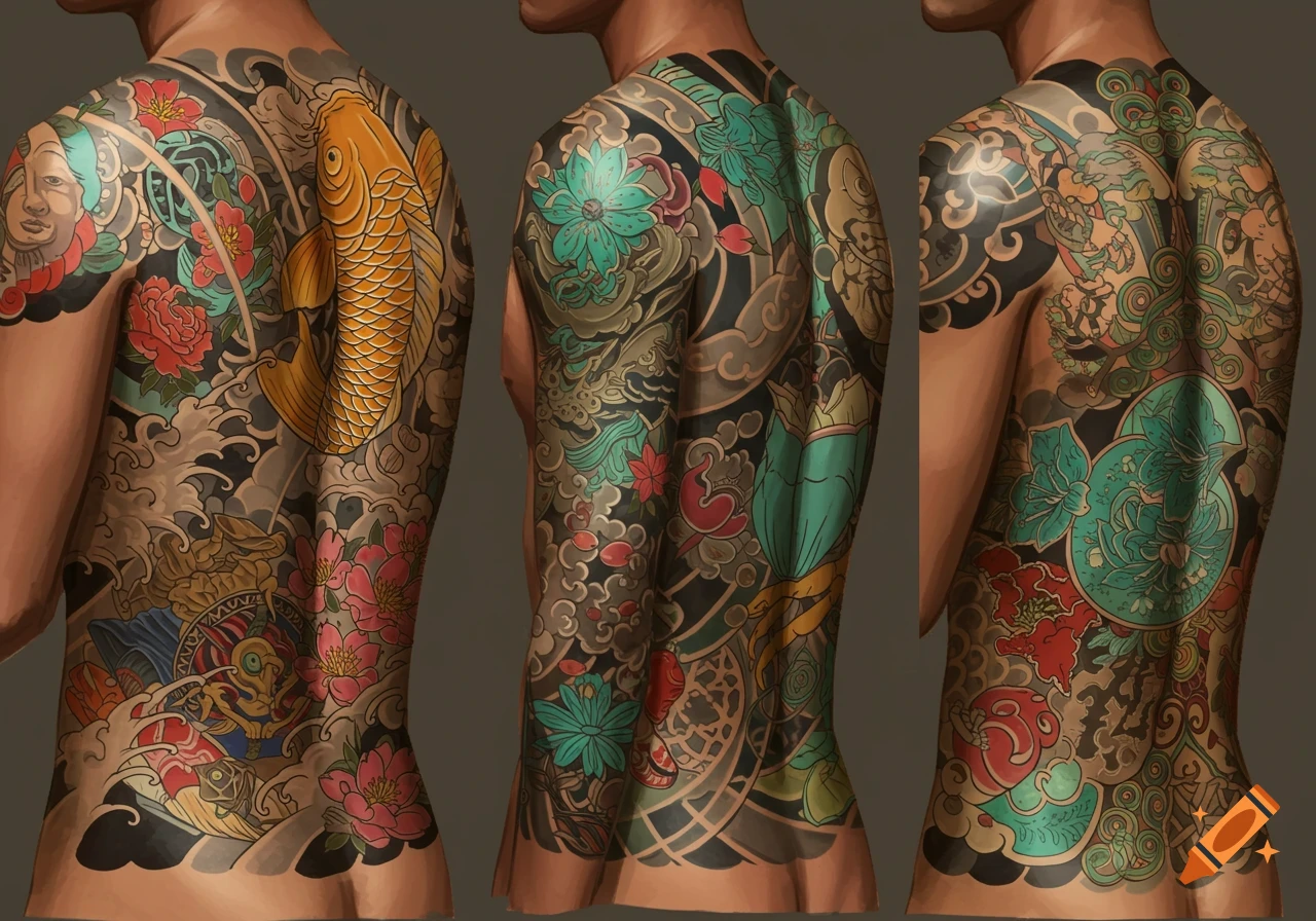 Three back views of a person with colorful traditional Japanese full-body tattoos featuring a koi fish, flowers, and waves.