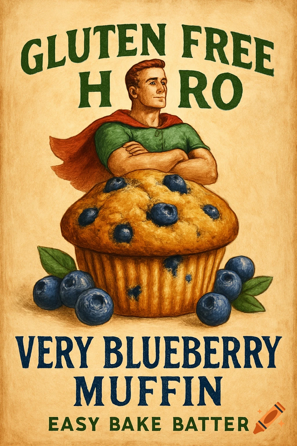 Vintage-style advertisement featuring a superhero man standing atop a giant blueberry muffin, with text 'Gluten Free Hero Very Blueberry Muffin Easy Bake Batter'.