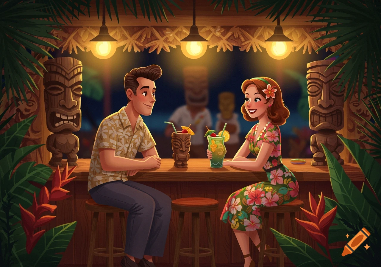 A retro-styled illustration of a smiling couple at a tiki bar, surrounded by tiki statues and tropical plants.