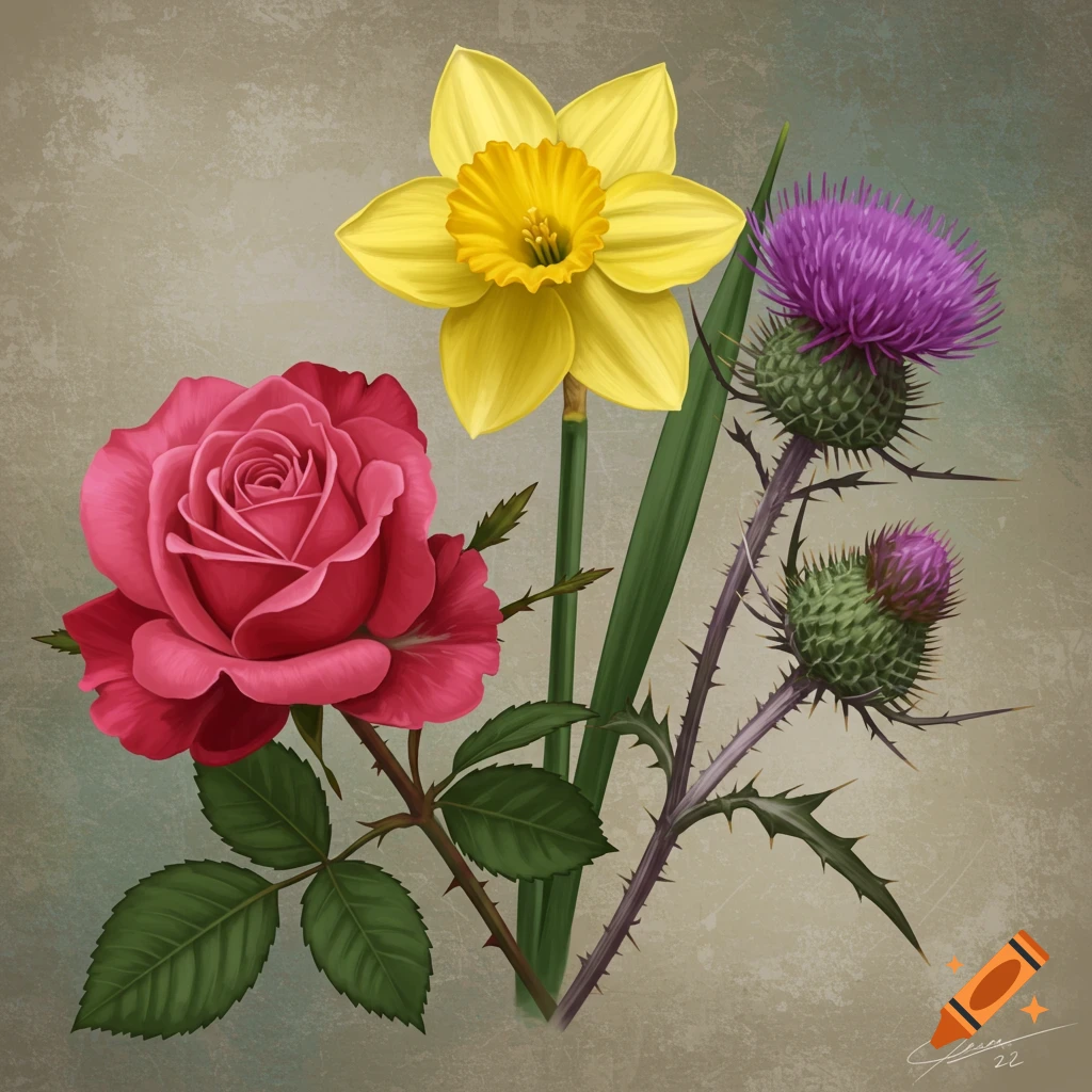 An illustration of a pink rose, a yellow daffodil, and a purple thistle on a textured background.