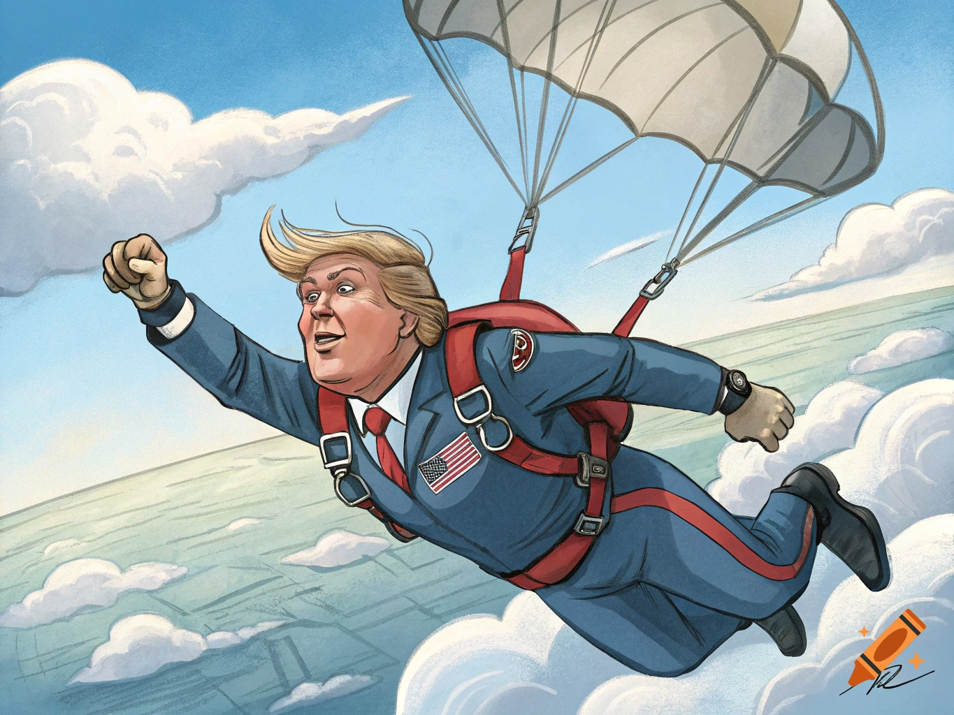 Cartoon illustration of Donald Trump skydiving in a suit with a red parachute harness against a blue sky with clouds.