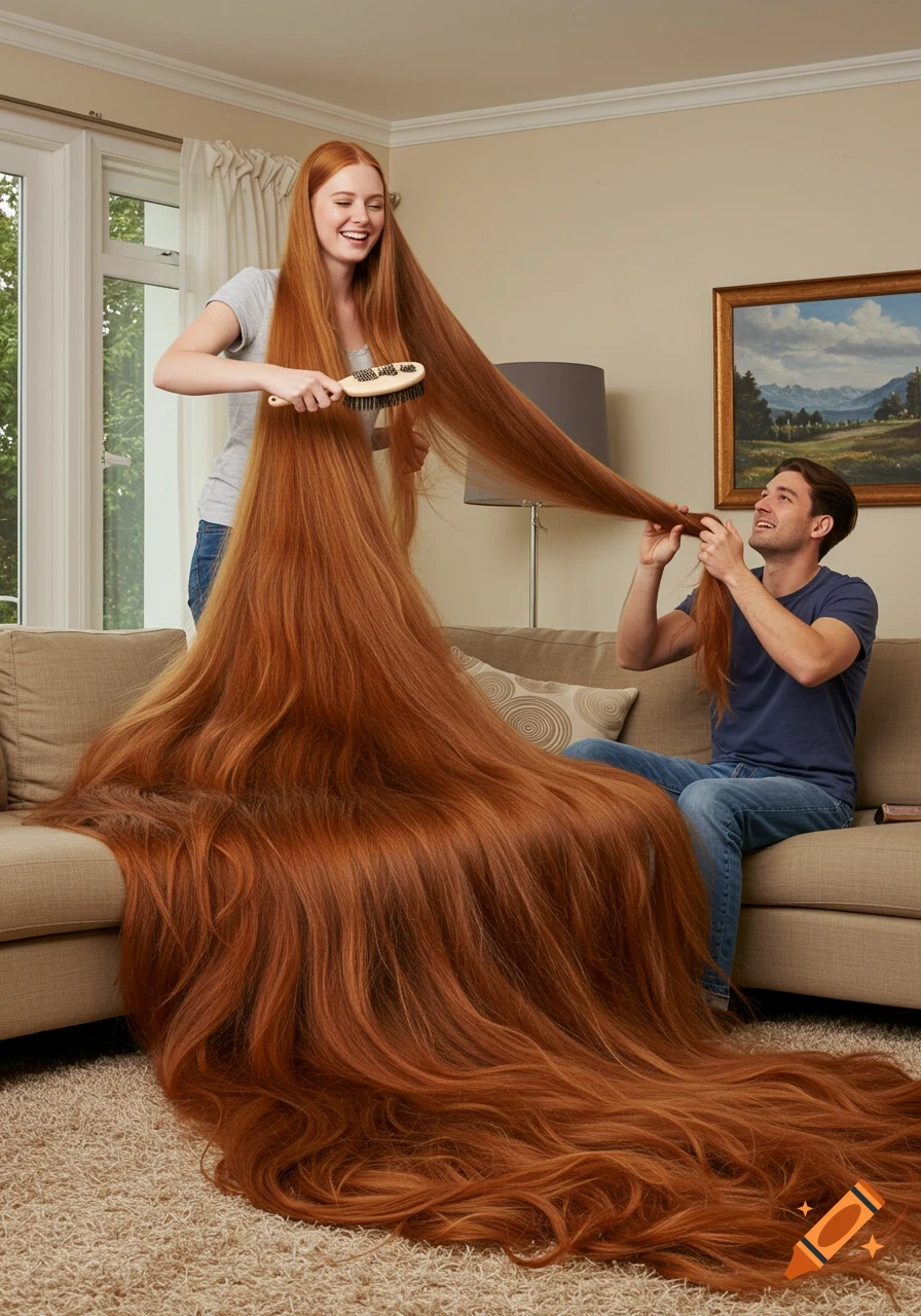 A smiling woman brushes her extremely long, thick red hair that cascades over the couch and floor, while a man seated next to her playfully tugs a strand. The scene is set in a cozy living room.