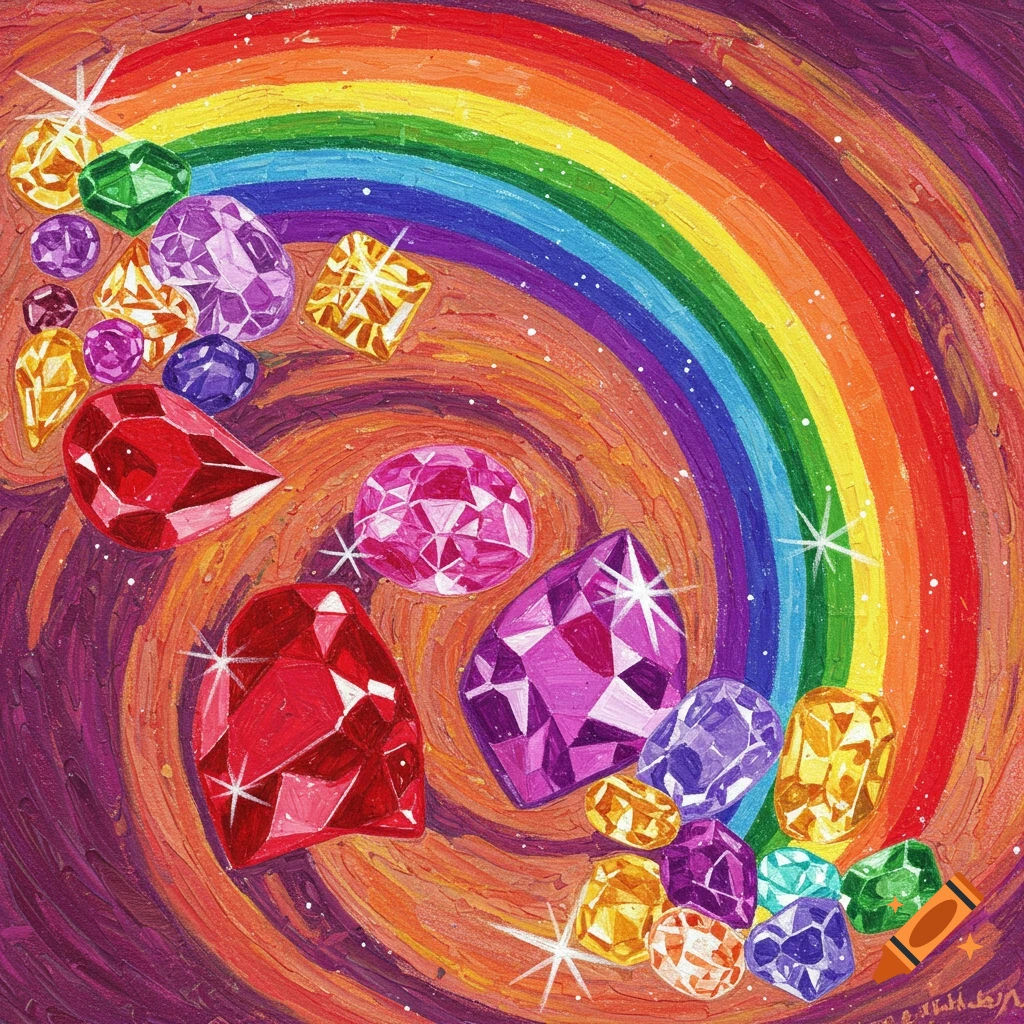 Colorful faceted gems swirling around a vibrant rainbow on a textured, painterly background.