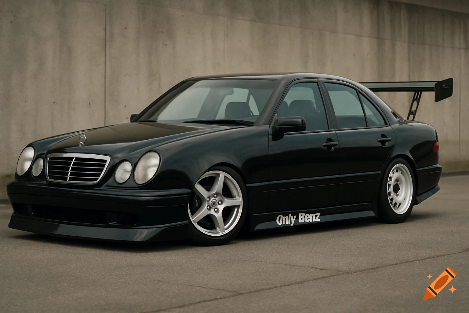 A black Mercedes E430 sedan with a spoiler, custom wheels, and a "Only Benz" sticker, parked against a concrete wall.