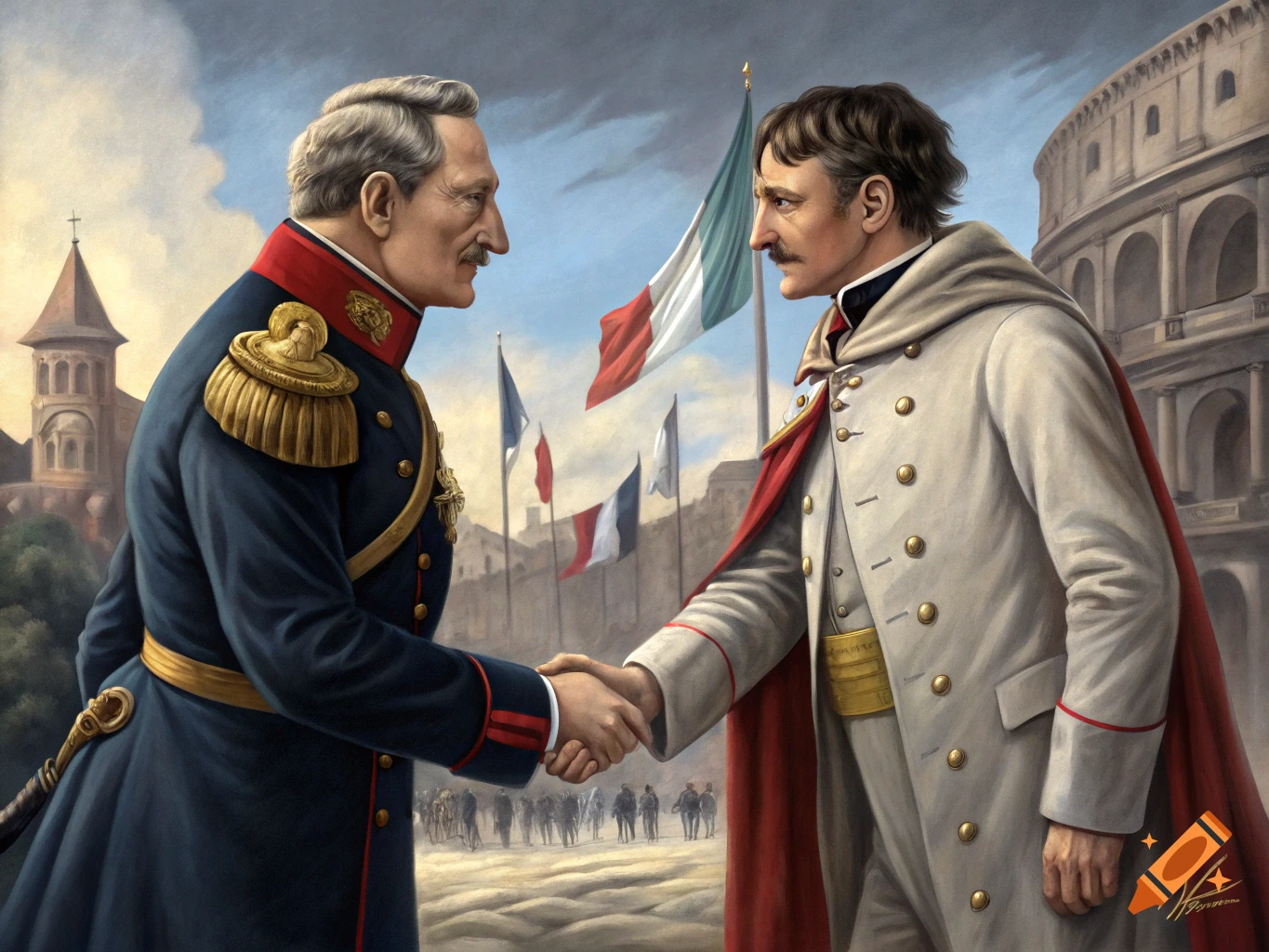 Two men in historical military uniforms, one in blue and one in white with a red cape, shake hands. Background features European flags and the Colosseum.