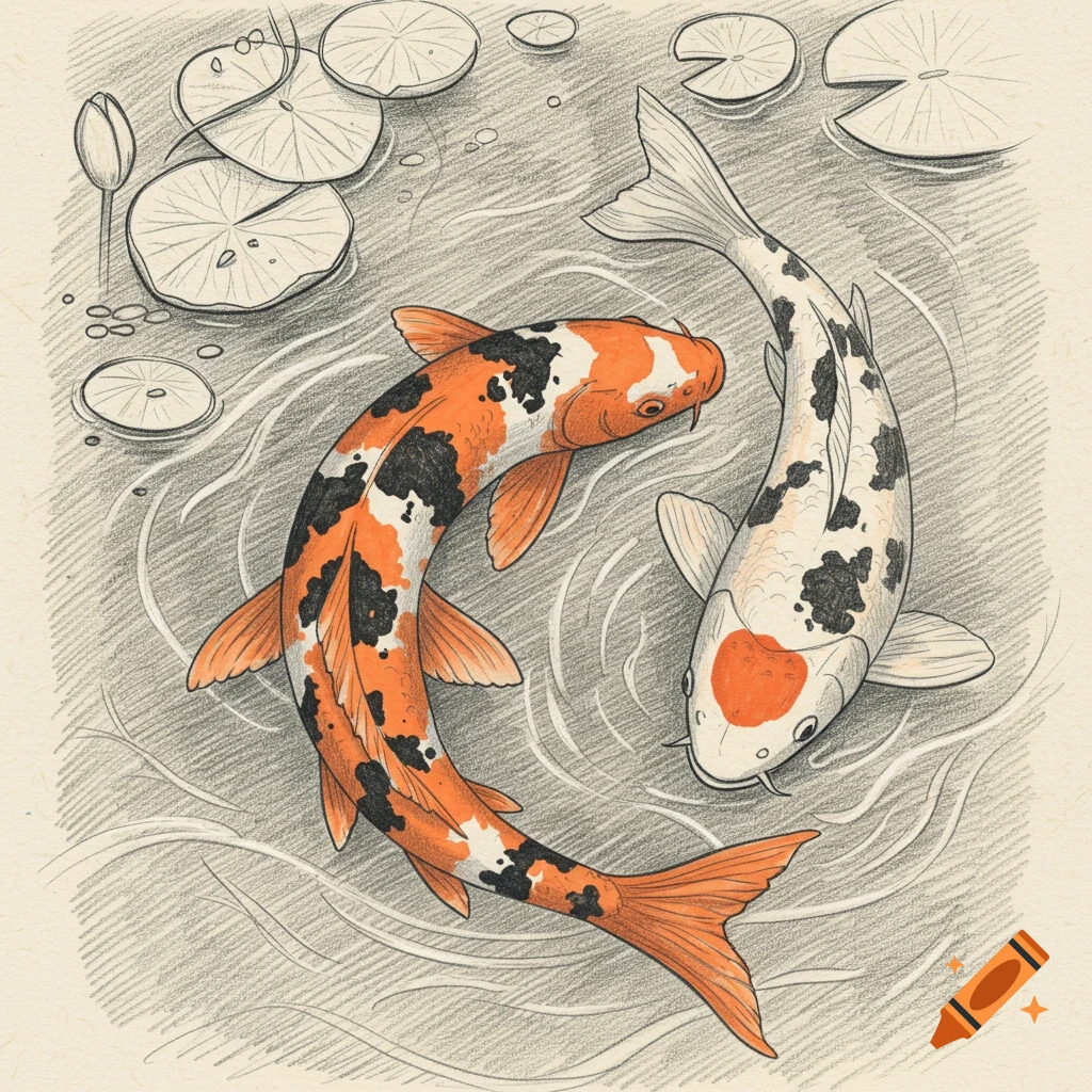 Detailed sketch of two colorful koi fish, one orange and black, the other white, swimming among lily pads.