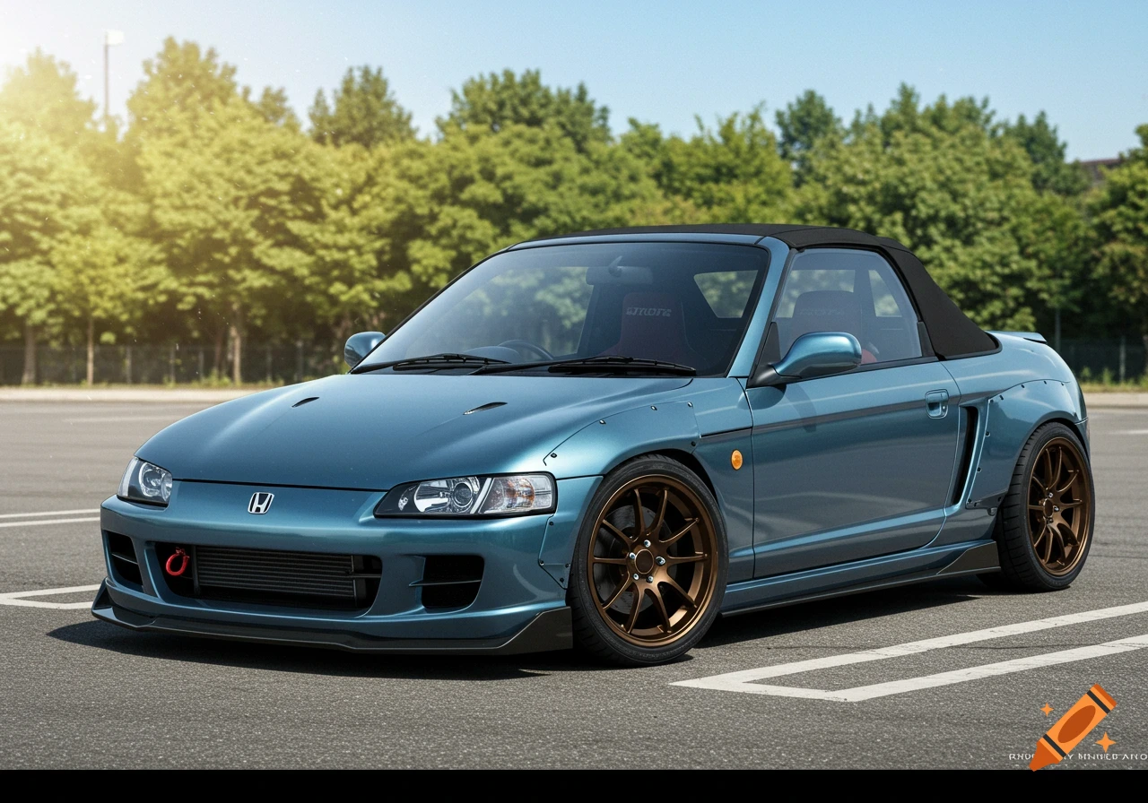 A custom teal blue Honda Beat convertible with wide-body kit, bronze multi-spoke wheels, and a lowered stance, parked outdoors on a sunny day.