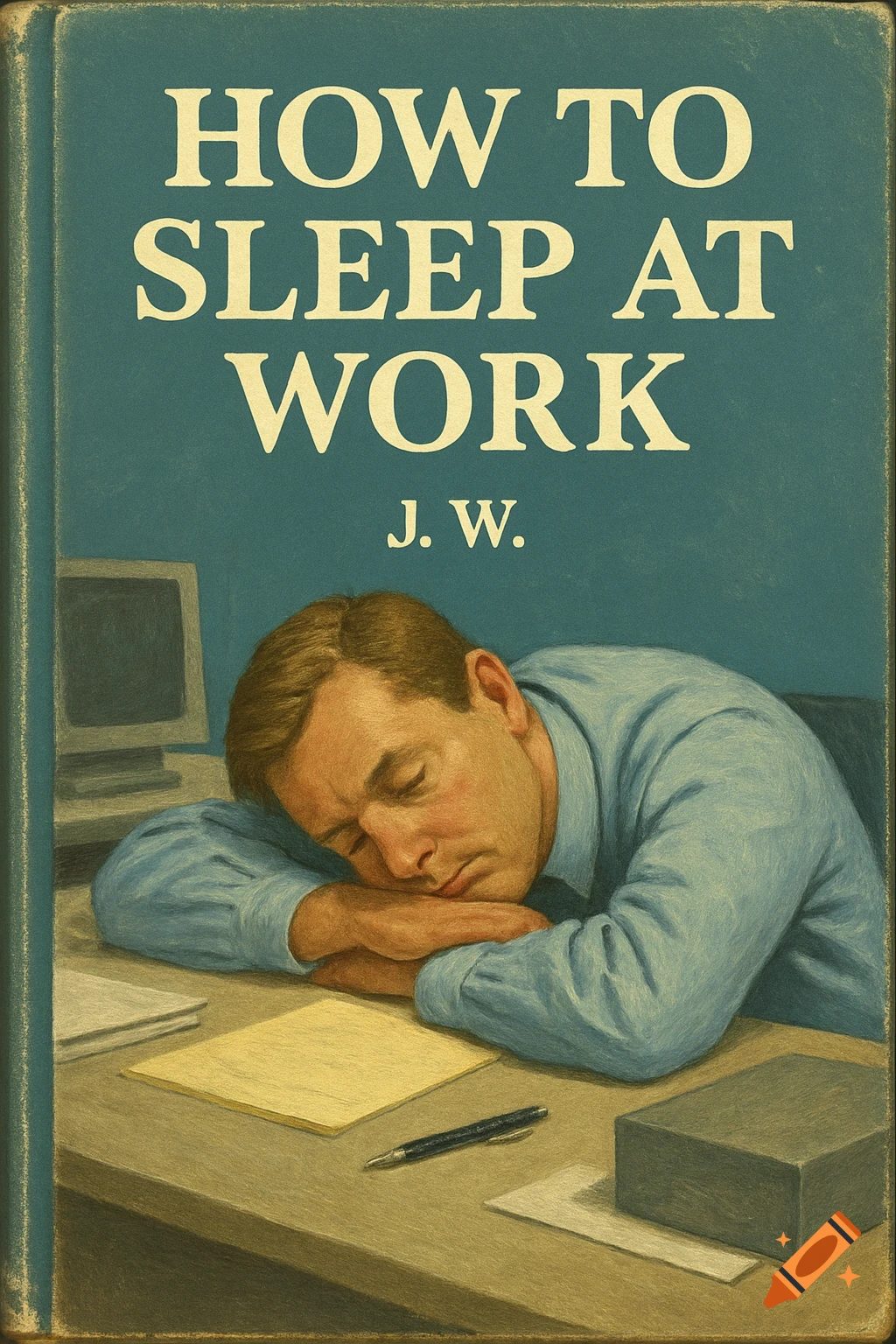Book cover titled 'How to Sleep at Work' by J.W., showing an illustration of a man asleep at his office desk.