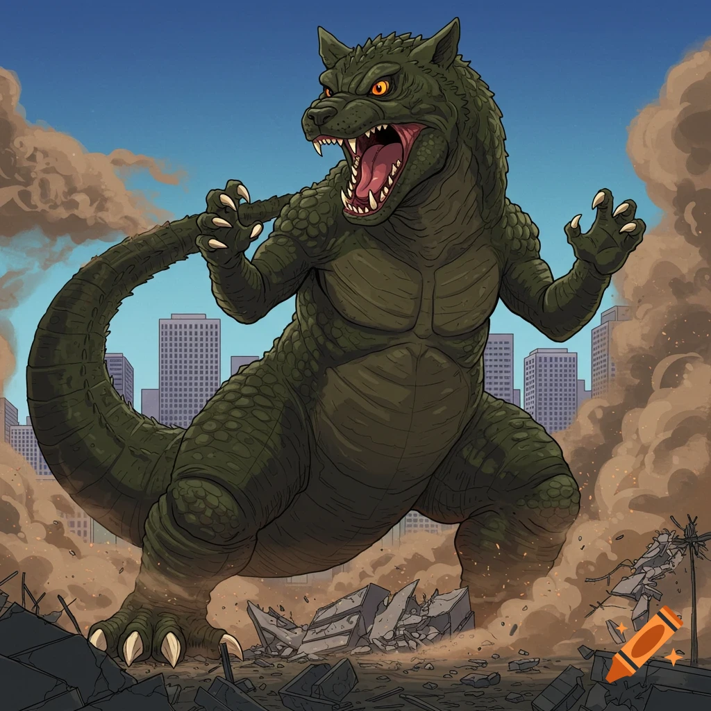 A roaring, green, dog-headed monster resembling Godzilla stomps through a ruined city, illustrated in a cartoon style.