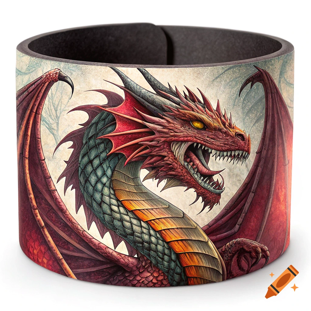 A vibrant red and teal dragon with outstretched wings roaring on a cylindrical object, like a bracelet, in a fantasy art style.