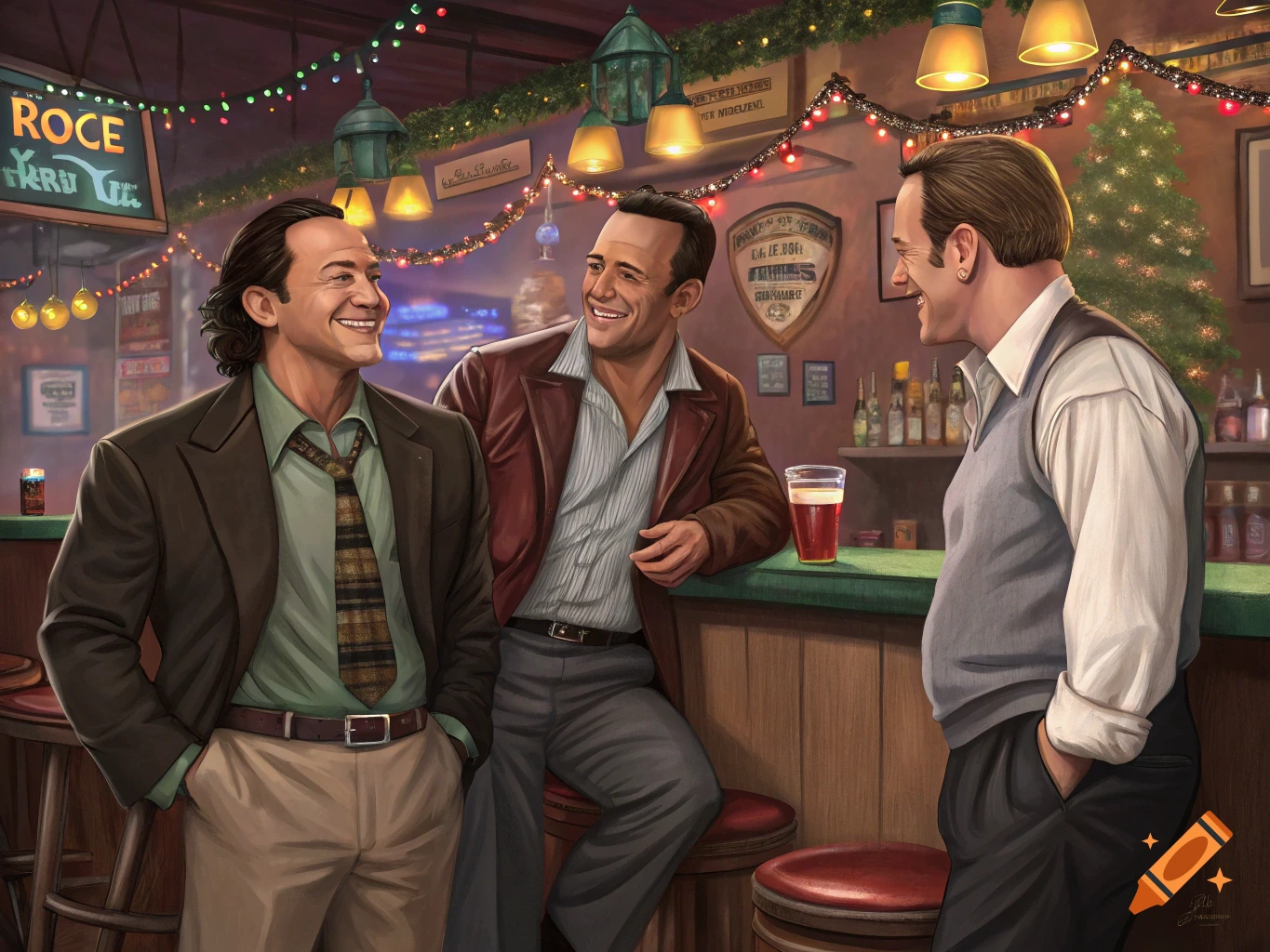 Three men are laughing and talking at a bar decorated for Christmas, with festive lights and a Christmas tree in the background.