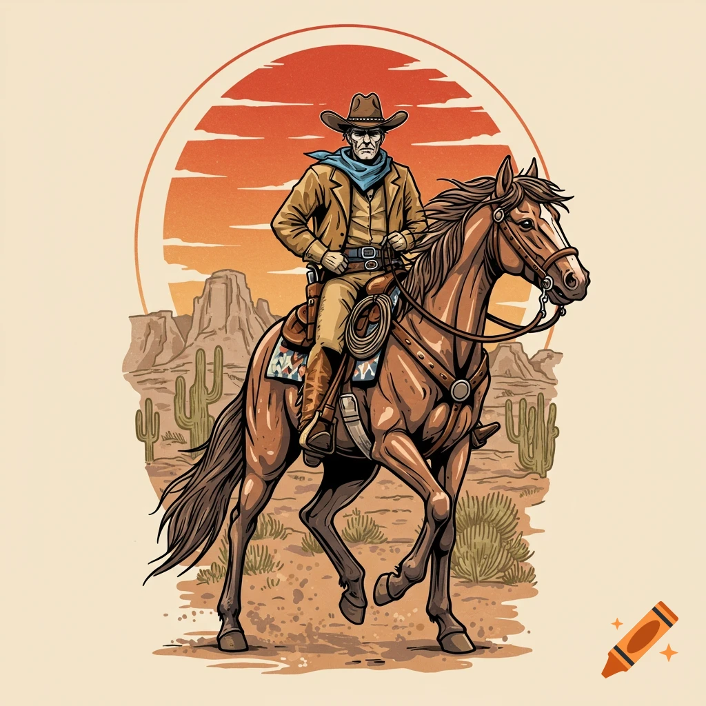 A stylized illustration of a cowboy riding a horse through a desert landscape with cacti and mountains under an orange sky.