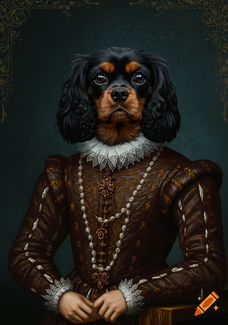 A realistic portrait of a black and tan Cavalier King Charles Spaniel wearing a brown renaissance gown with pearl necklaces and a lace collar.