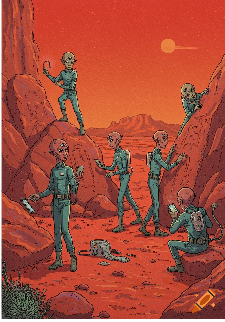 Stylized illustration of multiple three-eyed aliens in teal jumpsuits exploring a red Martian landscape with devices.