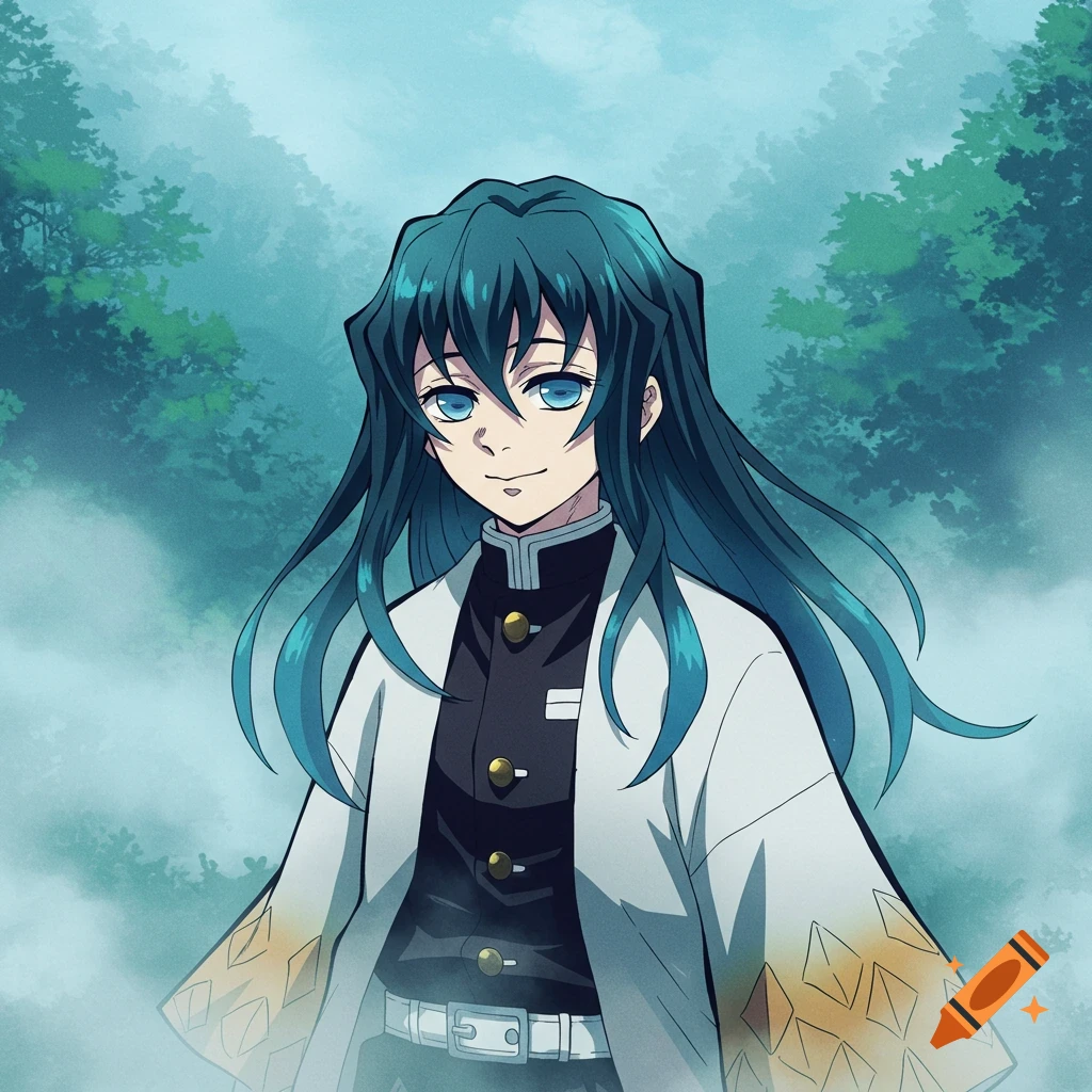 An anime character with long teal hair and blue eyes, wearing a white haori over a black uniform, standing in a misty forest.