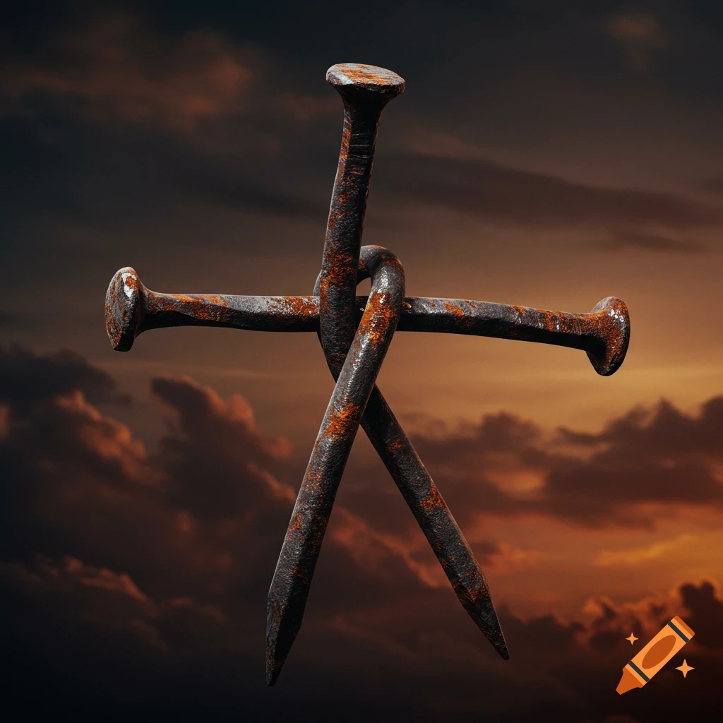 Three rusty nails bent and arranged to form a cross shape against a dramatic, cloudy, orange and dark sky.