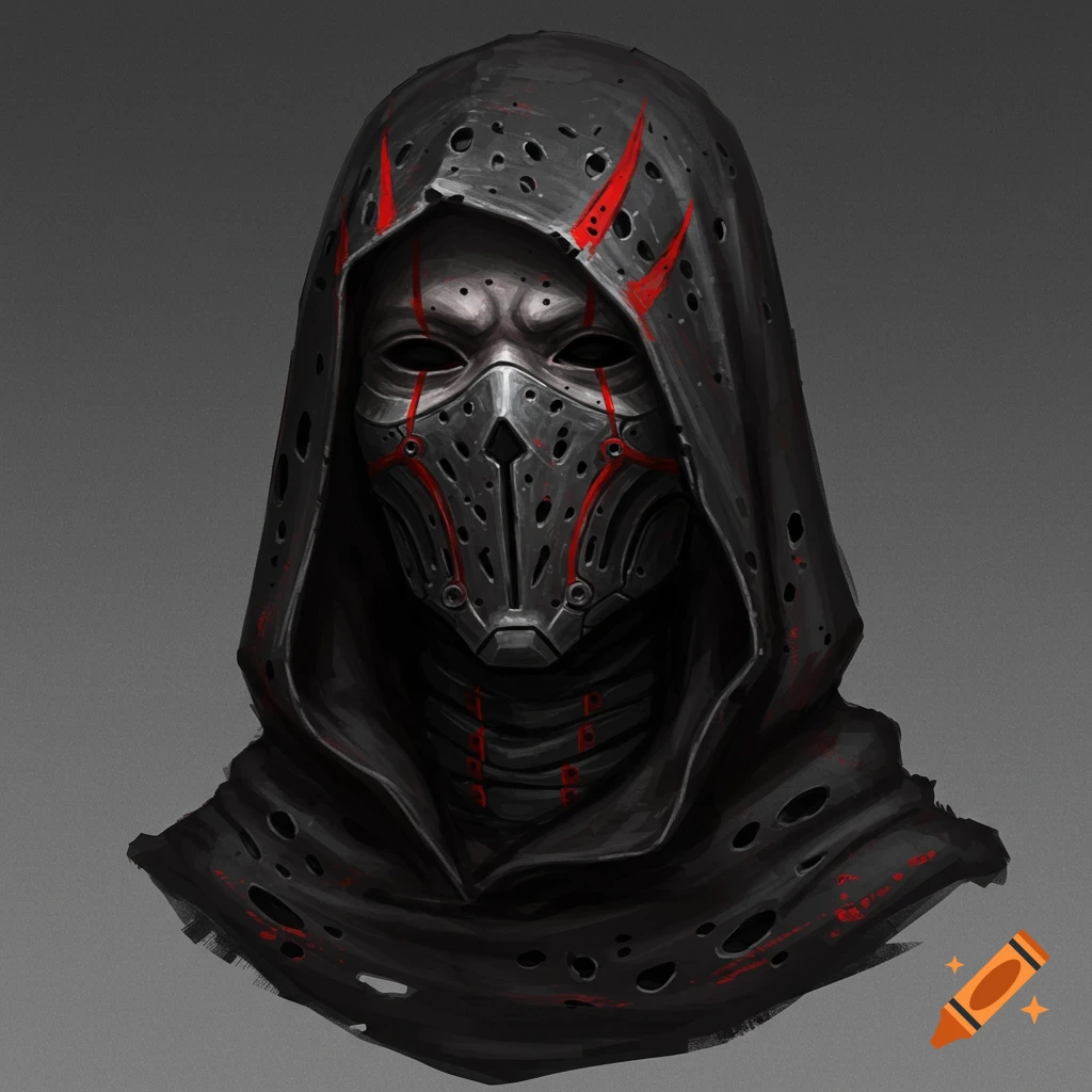 A close-up of a dark, hooded figure wearing a metallic, perforated mask with red battle-worn markings.