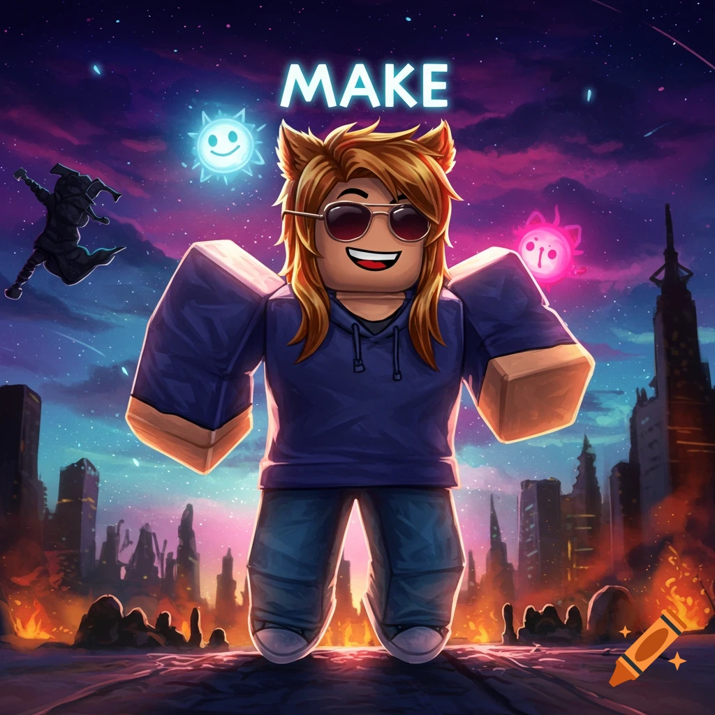 A Roblox-style character with long hair and sunglasses stands in front of a burning city under a vibrant, starry night sky. Two glowing sun-like figures float in the background.