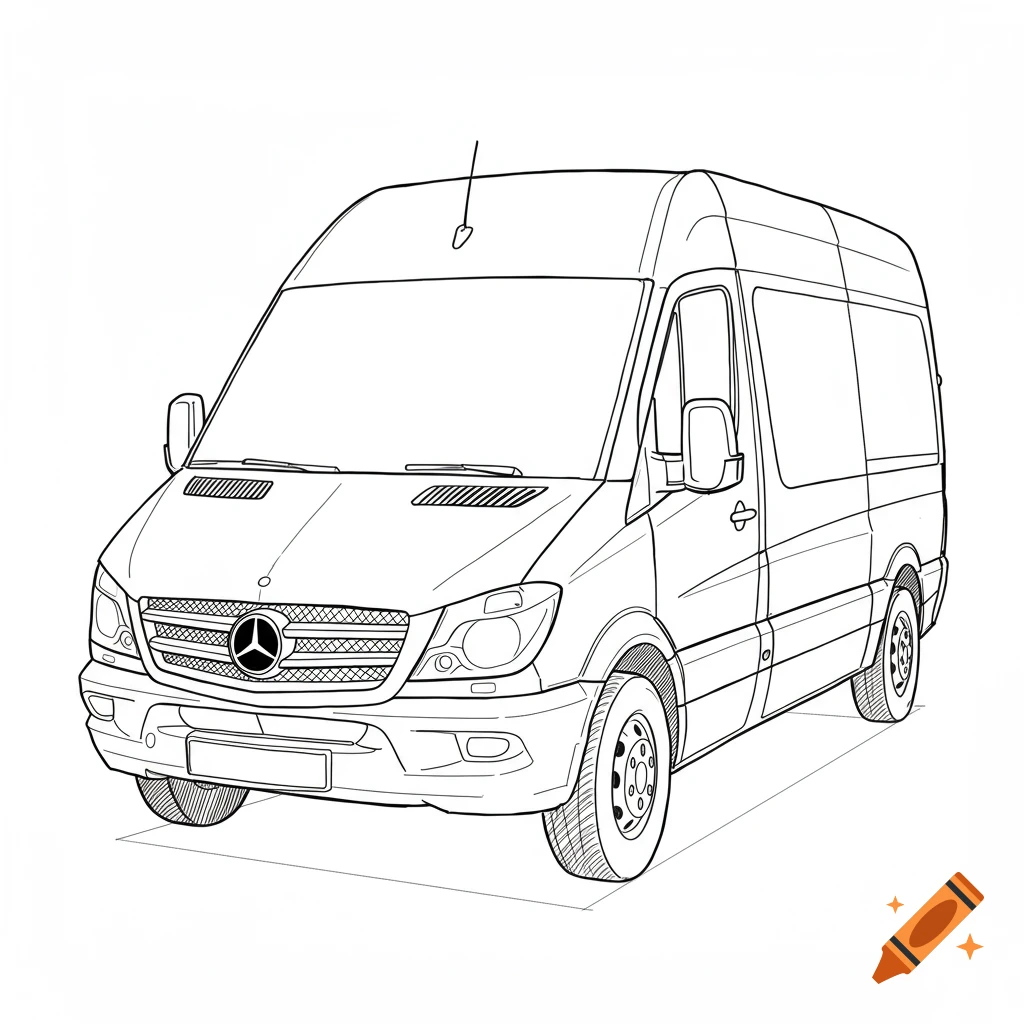Line drawing of a Mercedes-Benz Sprinter van, viewed from the front.