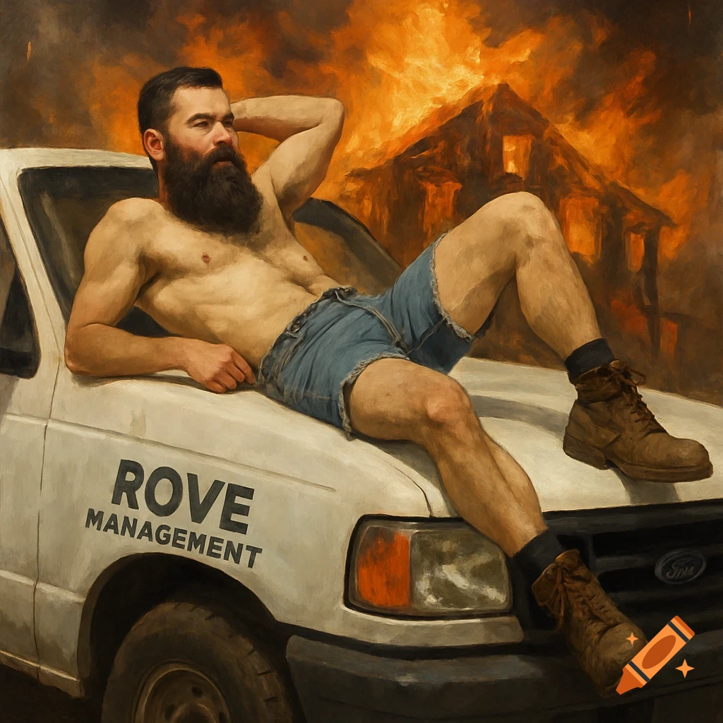 A shirtless, bearded man in shorts and boots lies on the hood of a white pickup truck with 'ROVE MANAGEMENT' branding, in front of a burning building, in a painterly style.