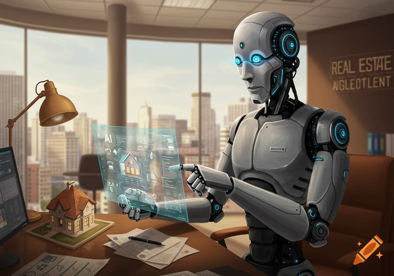 An AI robot in an office setting interacting with a holographic display showing real estate information. A model house is on the desk.