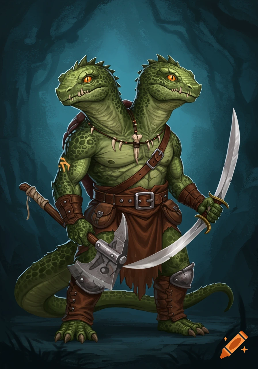 A two-headed humanoid turtle warrior, green-skinned with reptilian features, wearing leather armor and holding an axe and a curved sword, stands in a dark forest.
