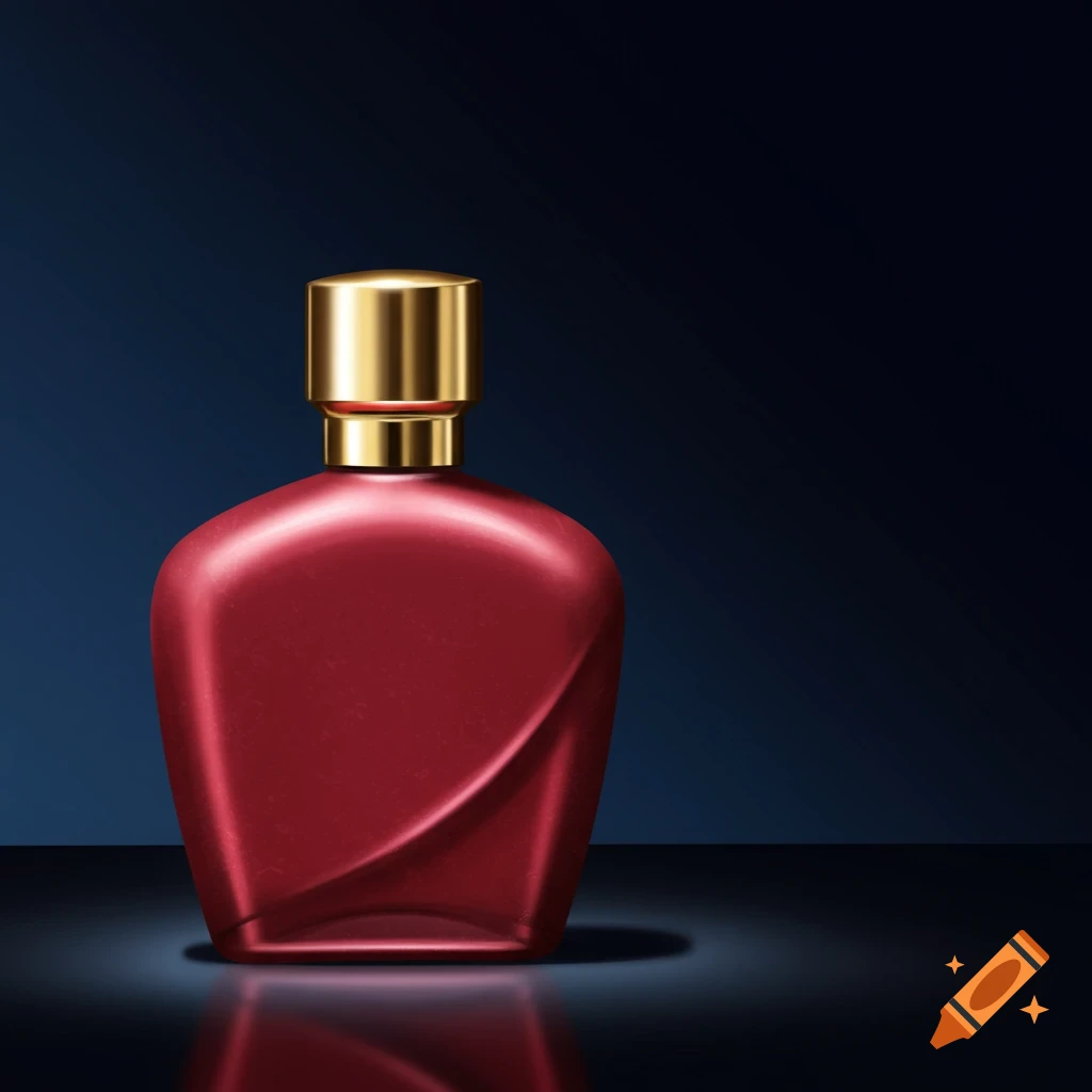 A matt red perfume bottle with a golden cap stands on a reflective dark surface against a dark blue background.
