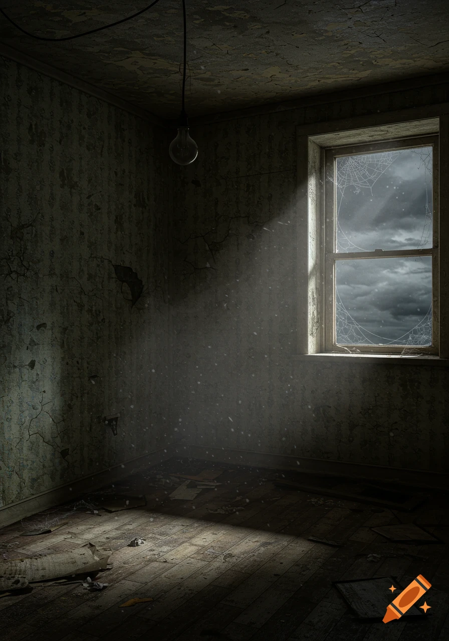 A creepy, realistic, abandoned room with cracked walls, dusty floor, a sunbeam through a cobweb-filled window, and a hanging lightbulb.