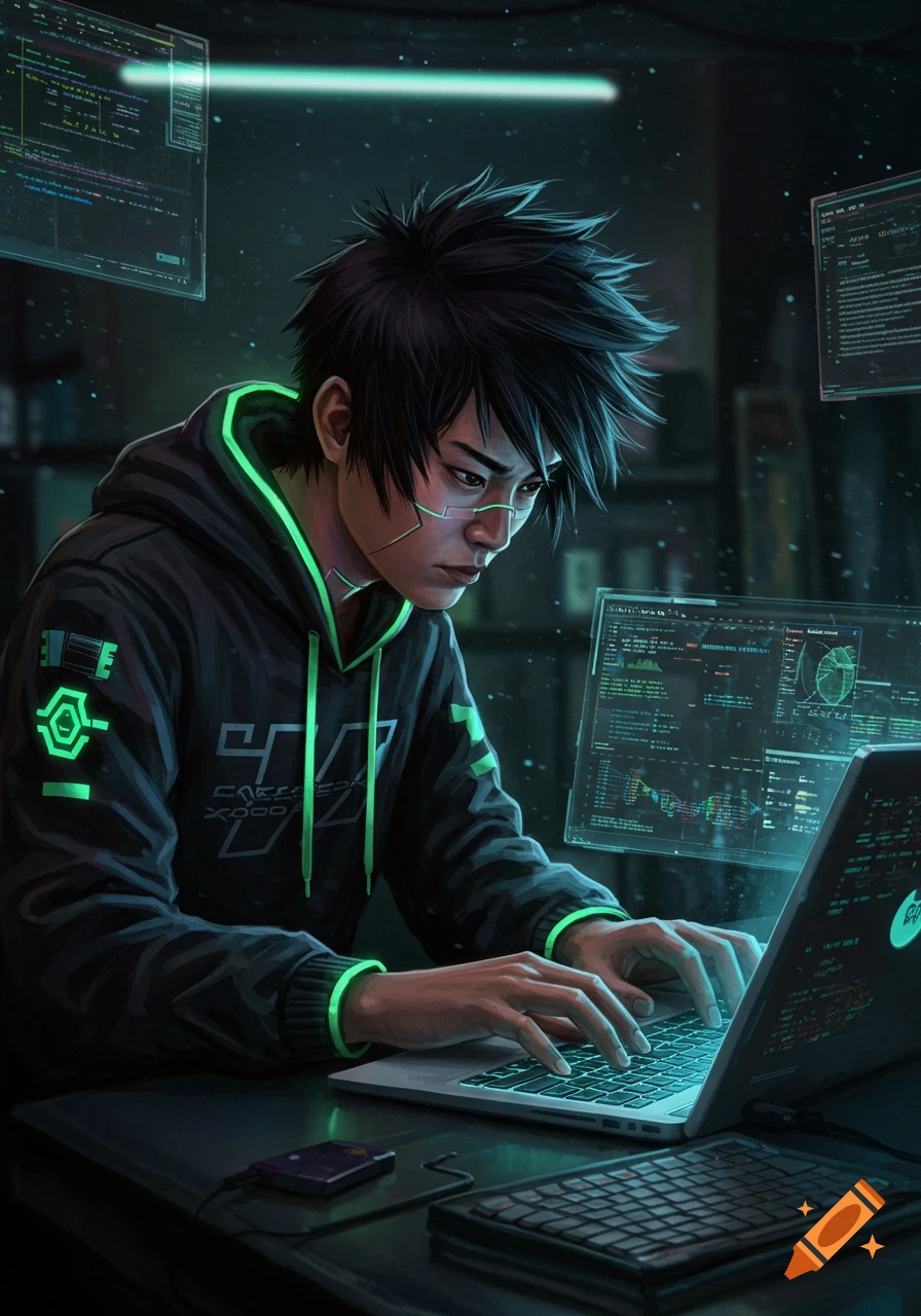 A young man with facial implants in a neon green and black hoodie types on a laptop surrounded by holographic screens in a dark, futuristic room.