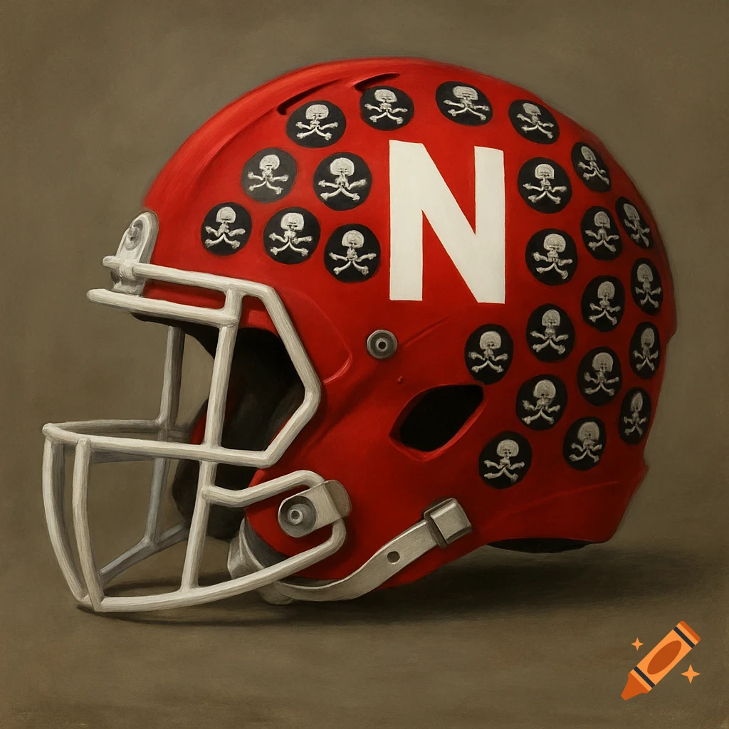 A red football helmet with a large white N and many small black skull-and-crossbones stickers on a brown background.