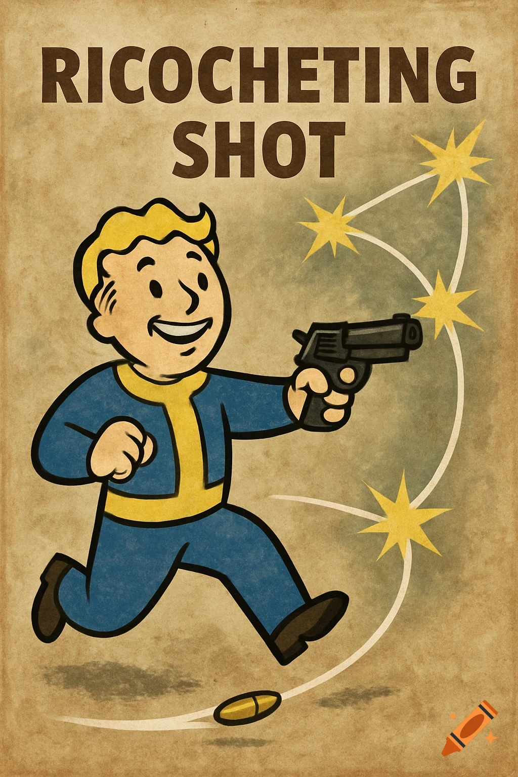 A retro-style video game poster featuring the Fallout Vault Boy character holding a pistol, with the title 'RICOCHETING SHOT'.