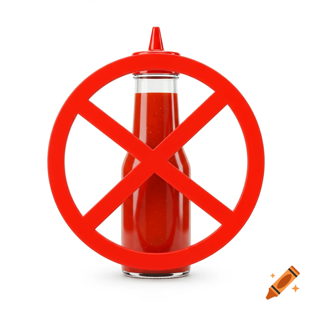A red sauce bottle with a red no symbol over it on a white background.