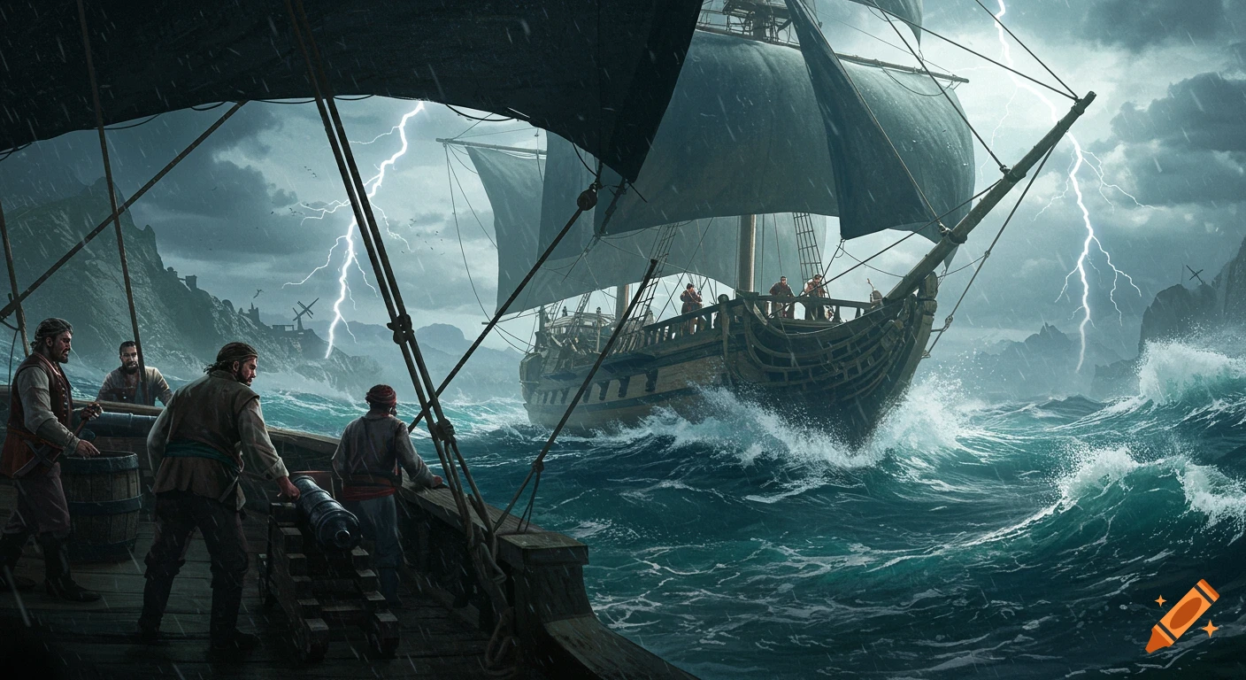 Pirate ships battle a violent storm at sea, with lightning striking in the background.