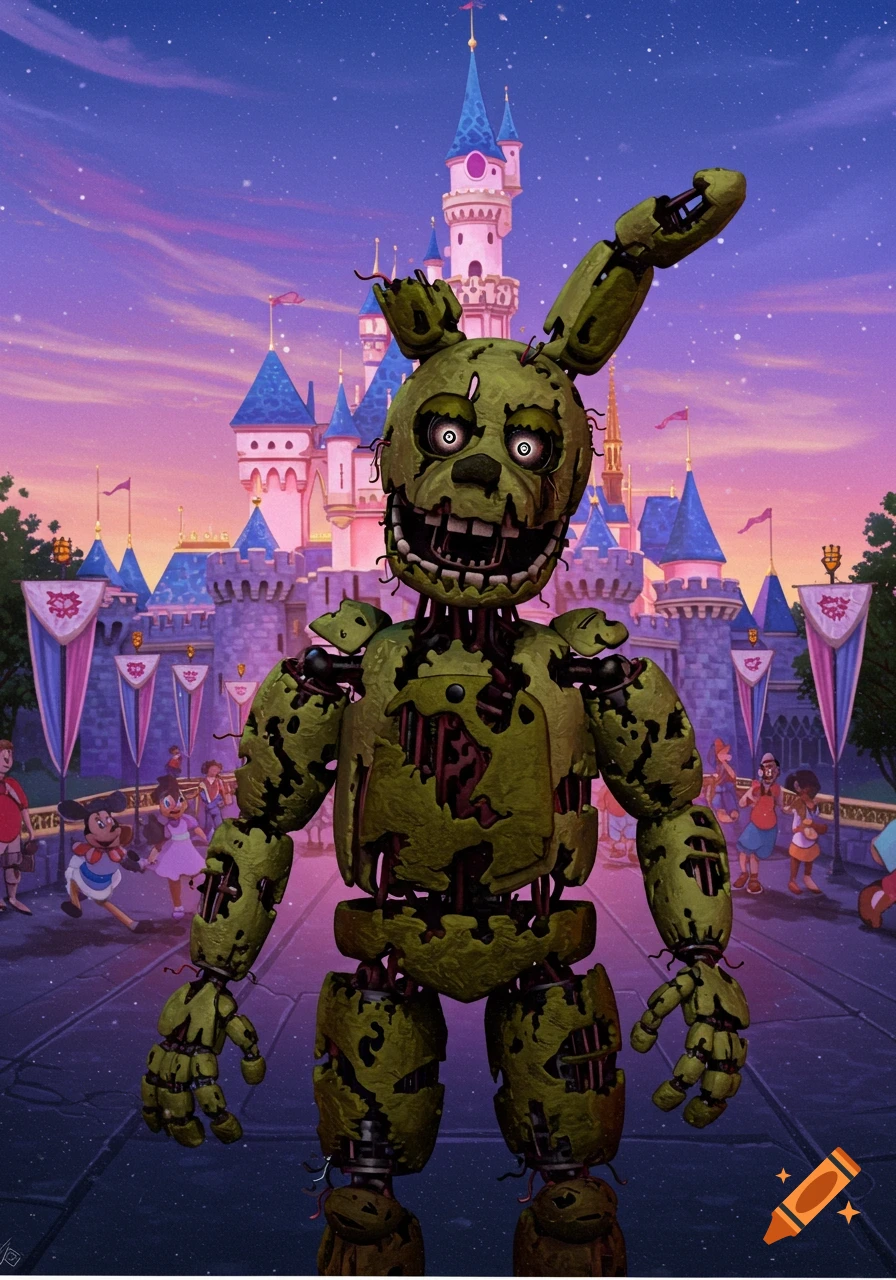 A creepy, green, decaying animatronic rabbit character stands in front of a colorful, fantastical Disney-like castle at dusk, with children in the background.