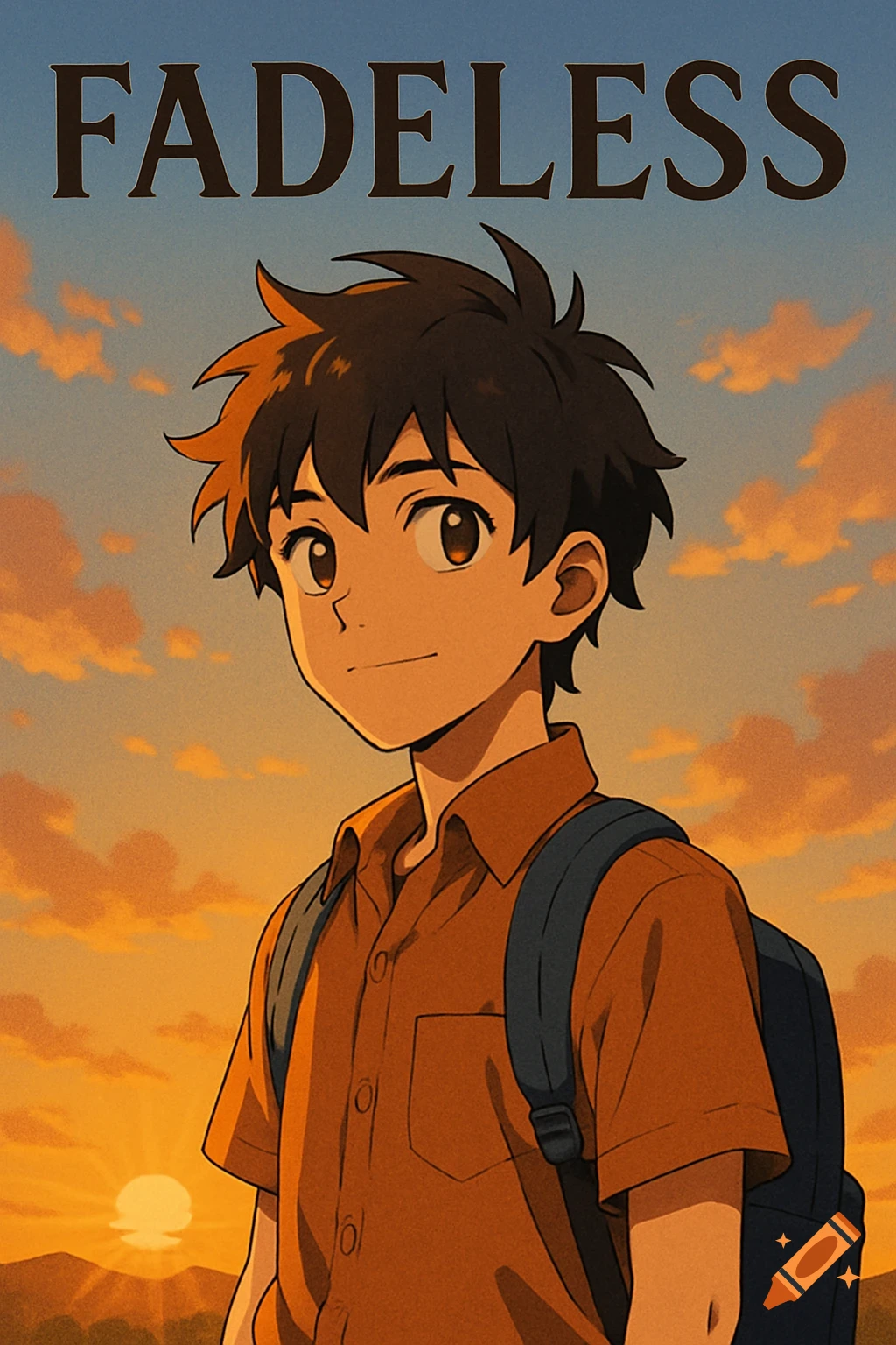An anime boy with a backpack stands smiling against a sunrise backdrop, with the word FADELESS at the top.