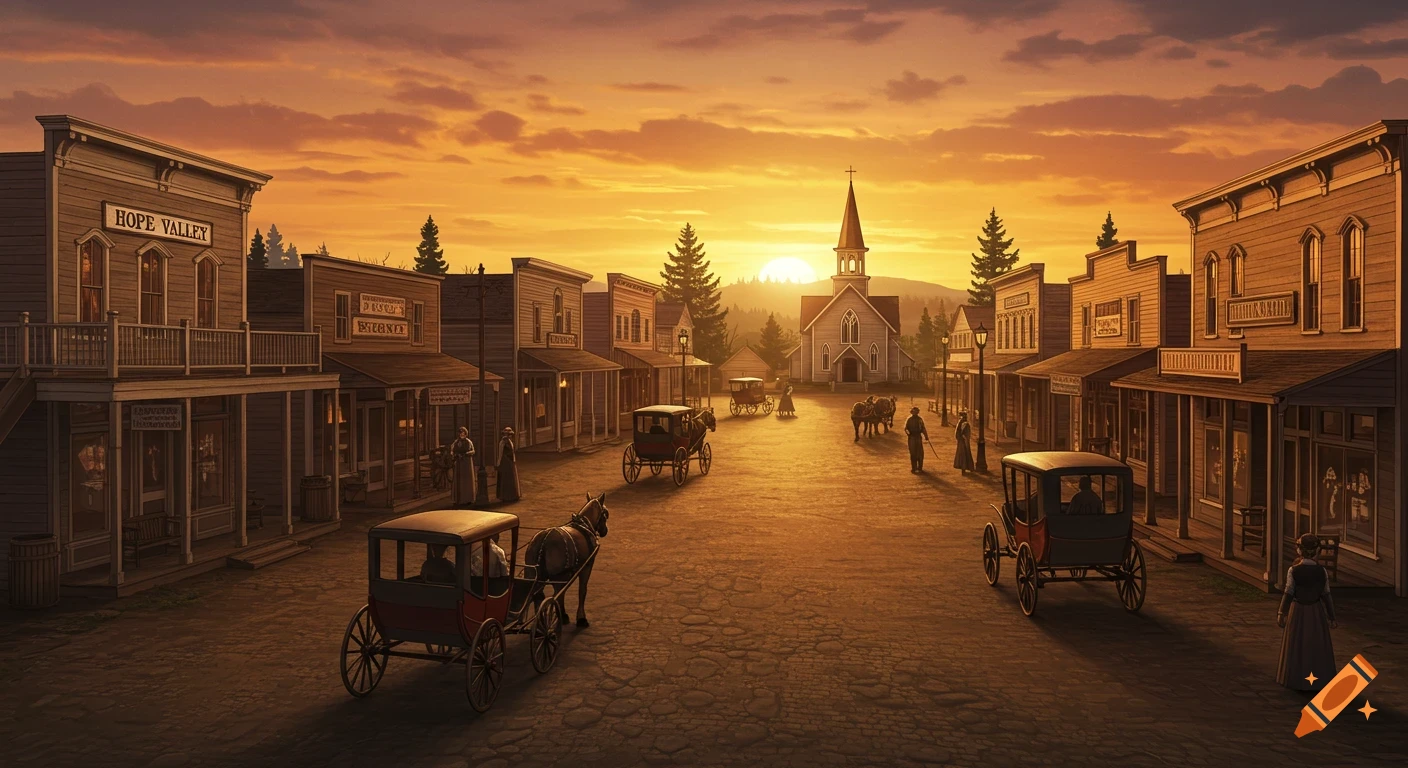 A western town at sunset with a church, buildings, people, and horse-drawn carriages on a dirt road.