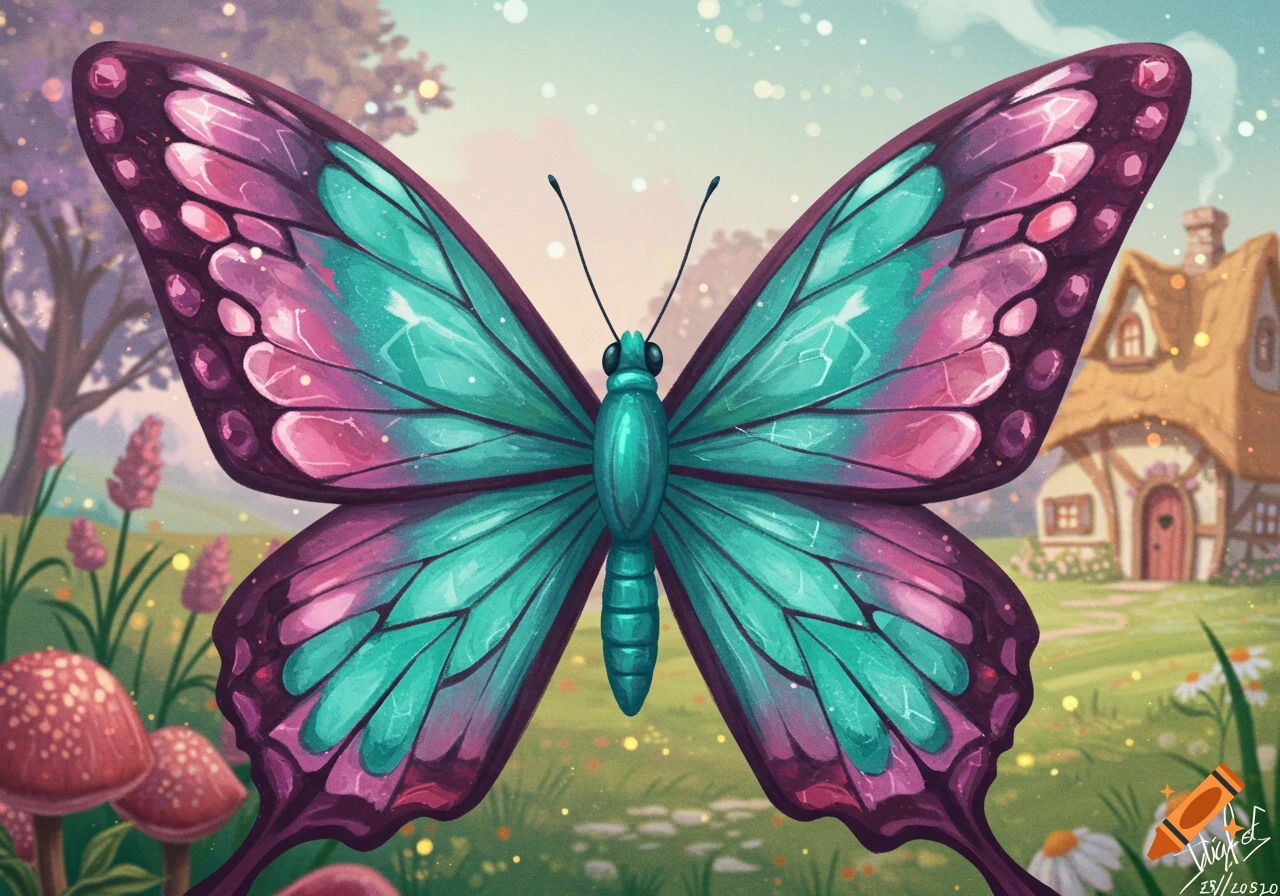 A vibrant teal and pink jewel-toned butterfly with outstretched wings in an enchanted forest setting with a whimsical cottage and mushrooms.