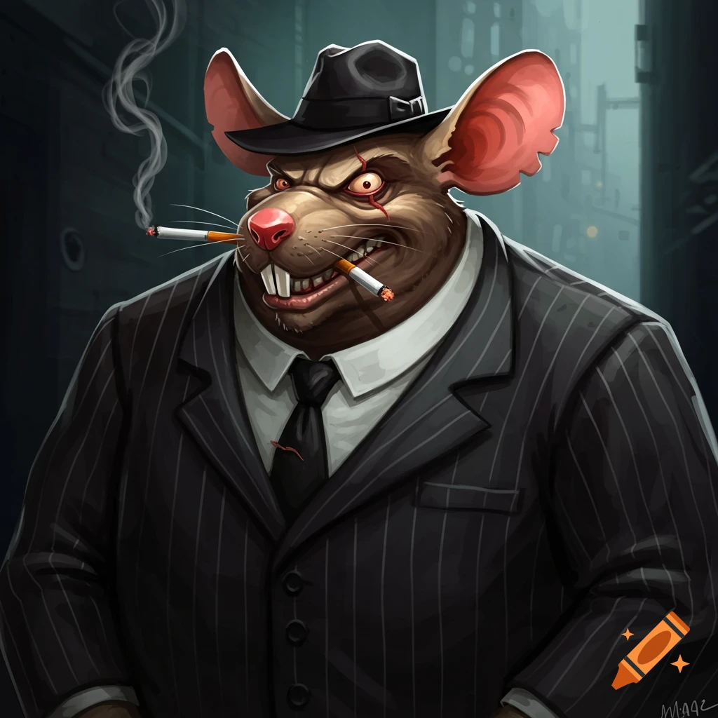 A menacing cartoon rat dressed as a mobster in a pinstripe suit and fedora, smoking two cigarettes.
