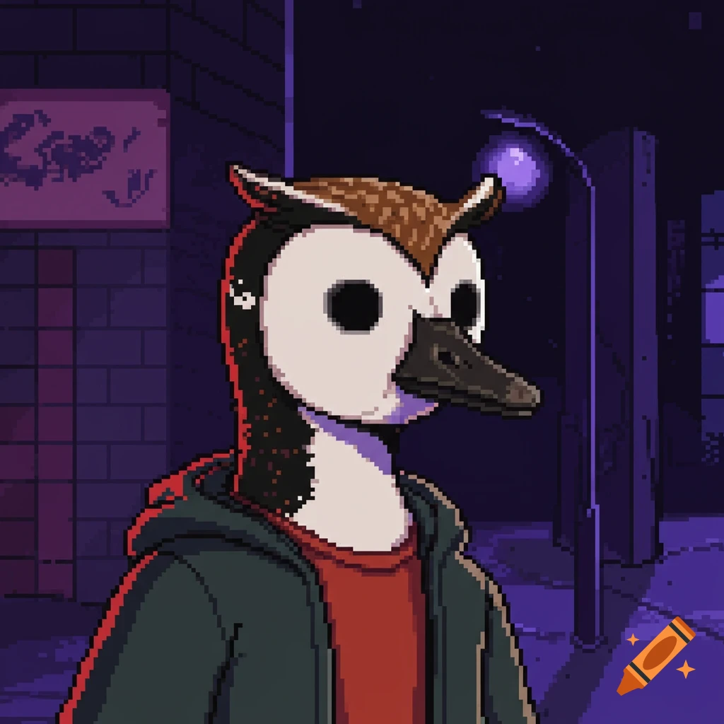 A pixel art portrait of a character with a goose body and an owl mask, wearing a dark hoodie, standing in a dark urban alley at night.