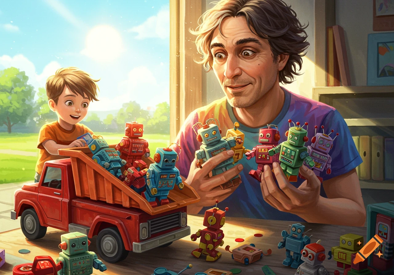 A man and a child playing with colorful toy robots. The child puts robots into a red toy truck, while the man holds several others.