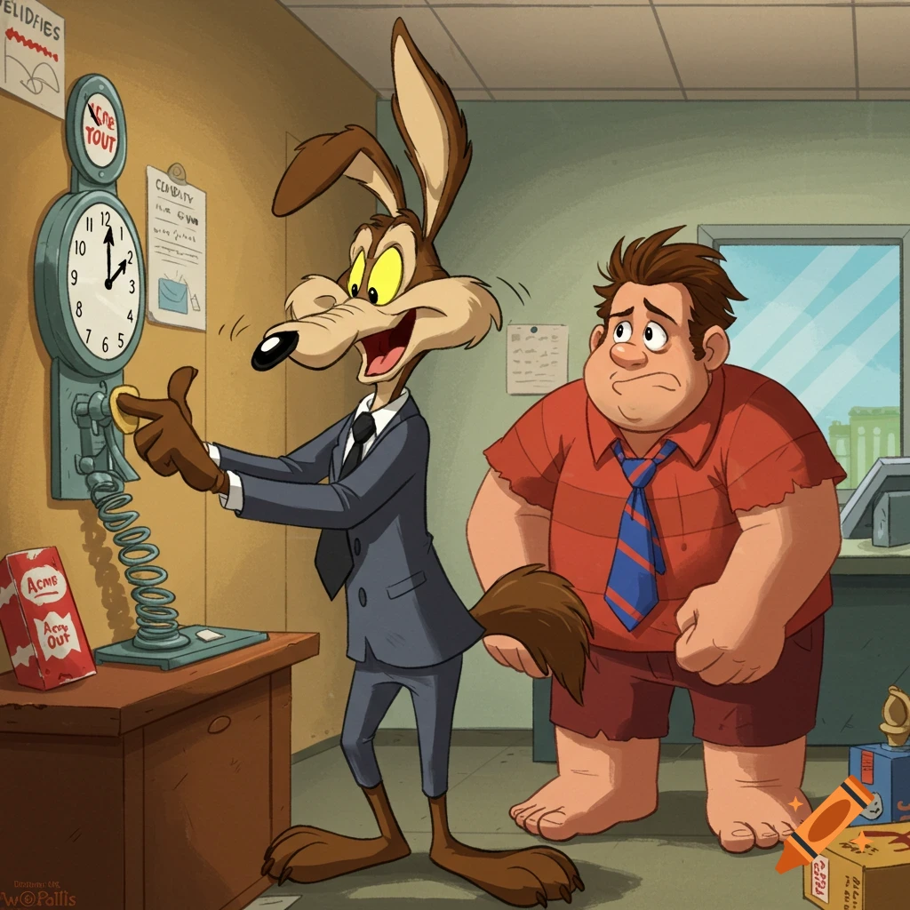 Wile E. Coyote in a suit punches a time clock while a sad-looking Ralph stands beside him in an office setting.