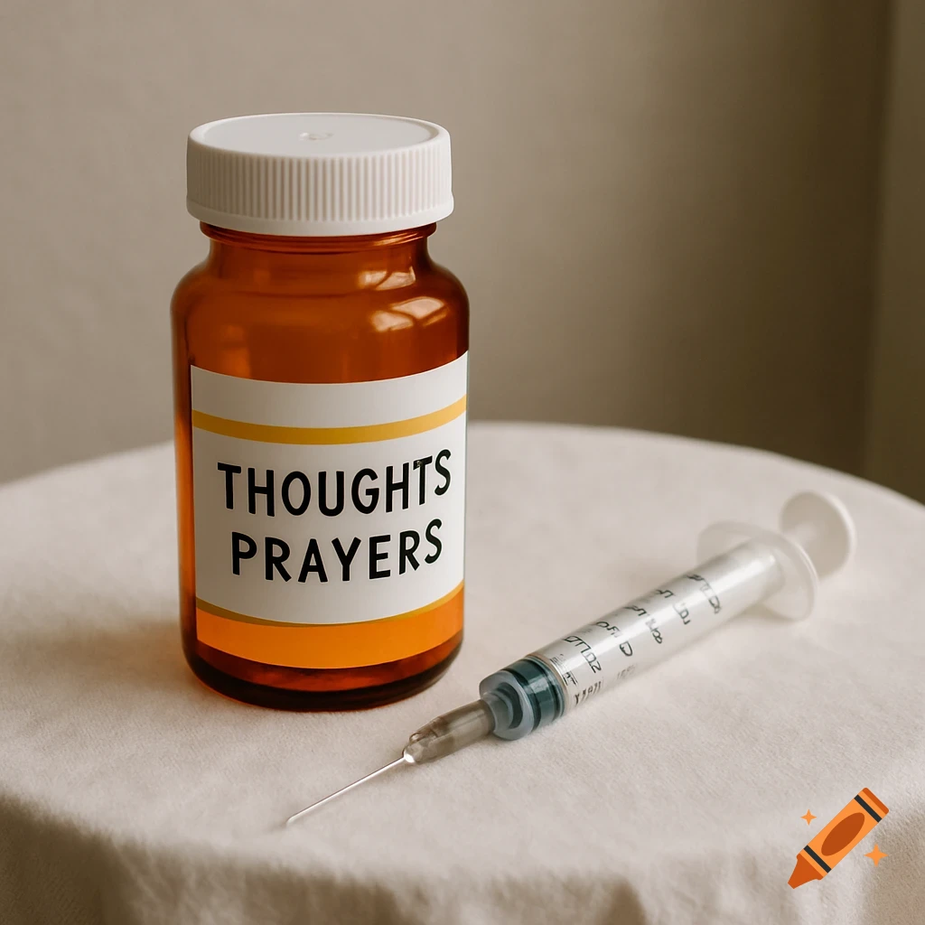A brown medicine bottle labeled "THOUGHTS PRAYERS" sits next to a syringe on a white cloth.
