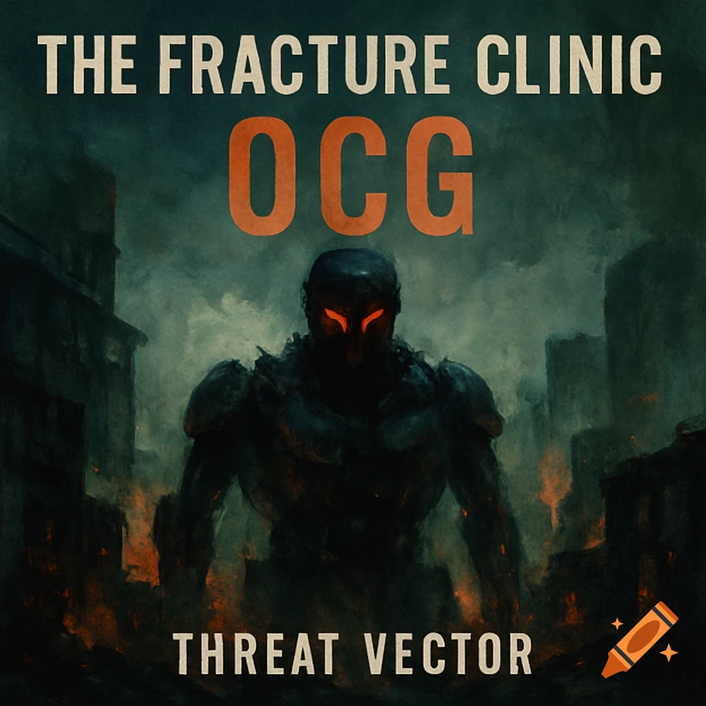 A dark, menacing figure with glowing red eyes stands in a destroyed, burning city. Text reads 'The Fracture Clinic OCG Threat Vector'.