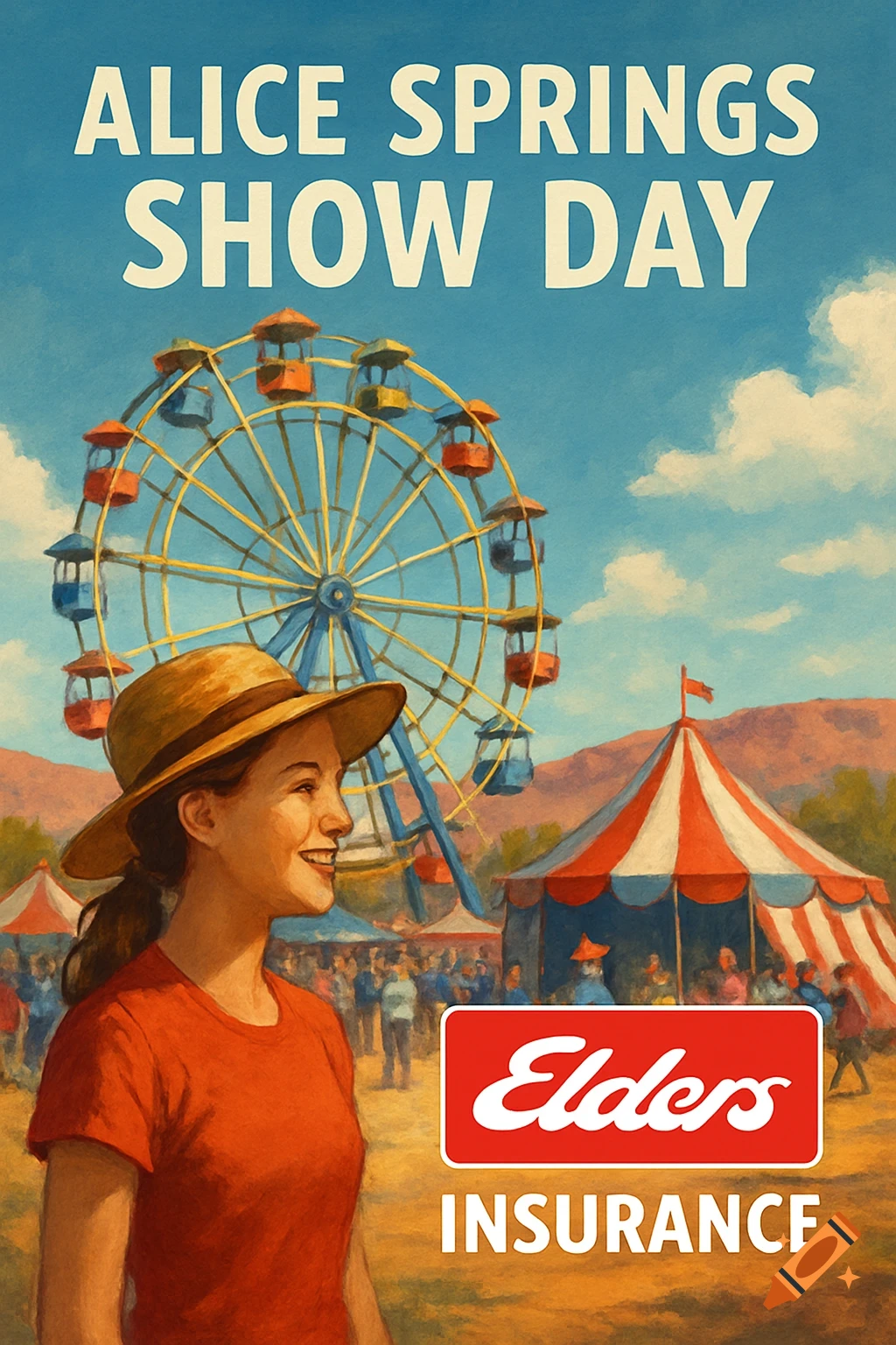 Vintage illustration of a smiling woman at a fair with a ferris wheel and tents, for 'Alice Springs Show Day' and 'Elders Insurance'.