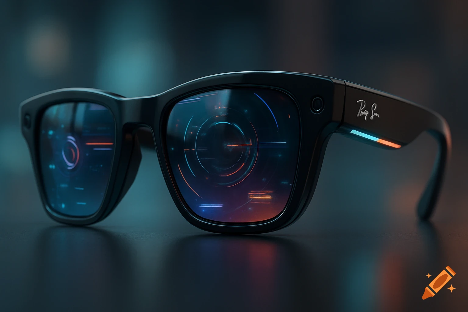 A pair of sleek, black futuristic smart glasses with glowing digital displays reflected in the lenses, on a dark surface.