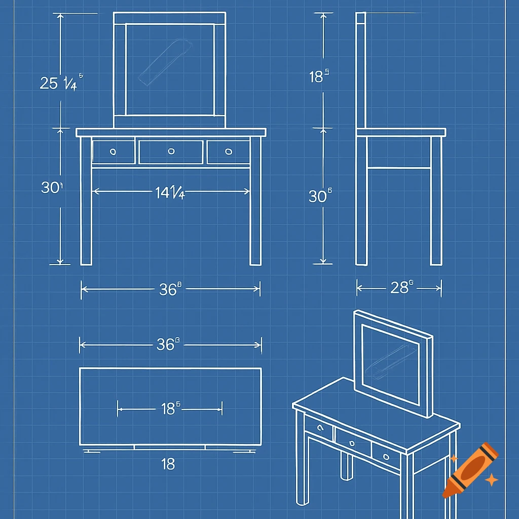 A white line blueprint of a wood makeup vanity with various dimensions and views, on a blue grid background.