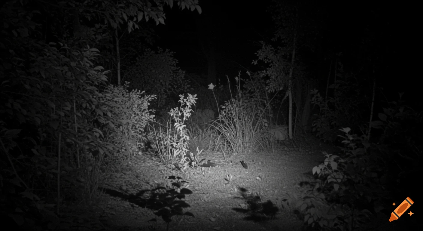 A monochromatic, night vision view of a garden at night, illuminated by a trail camera's light, showing trees, shrubs, and ground cover.
