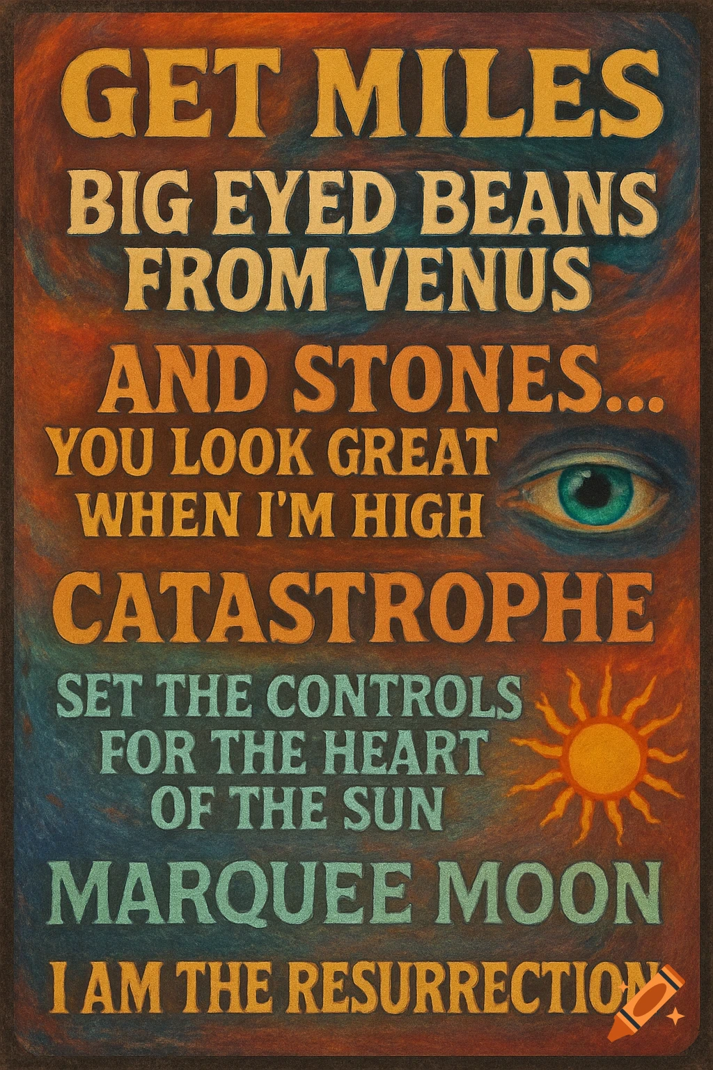 A vintage-style album cover with bold, stacked text in orange and green, featuring song titles and a stylized eye and sun on a swirling brown and blue background.