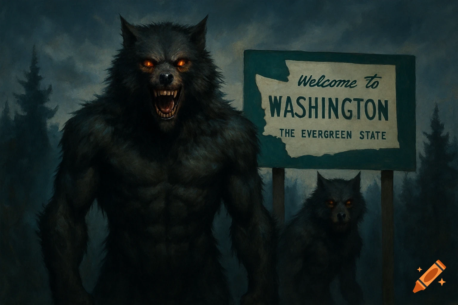 Digital painting of two werewolves with glowing eyes in front of a 'Welcome to Washington' sign at night.
